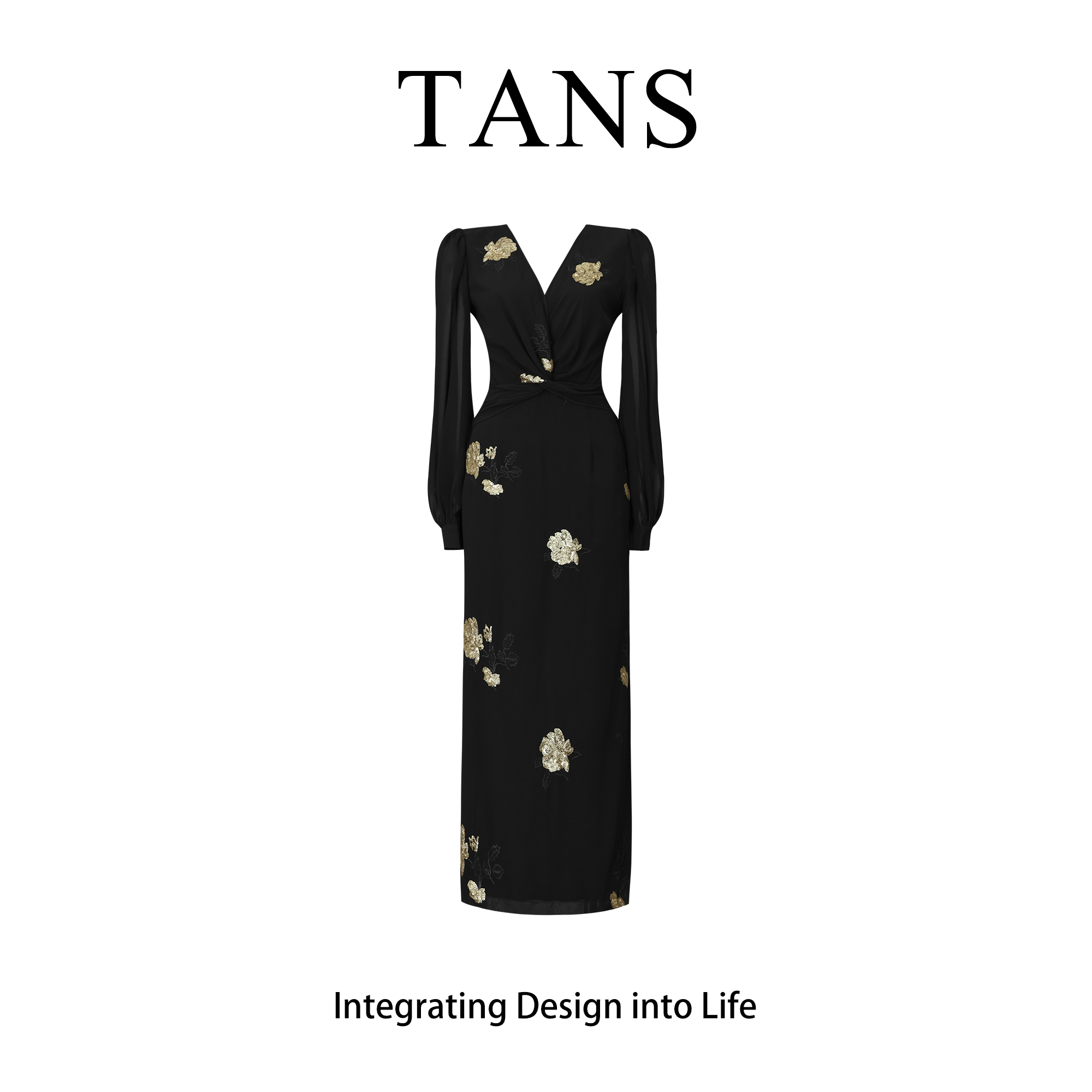 现货 TANS【秋季新品】法式V领气质收腰显瘦设计感长袖连衣裙女