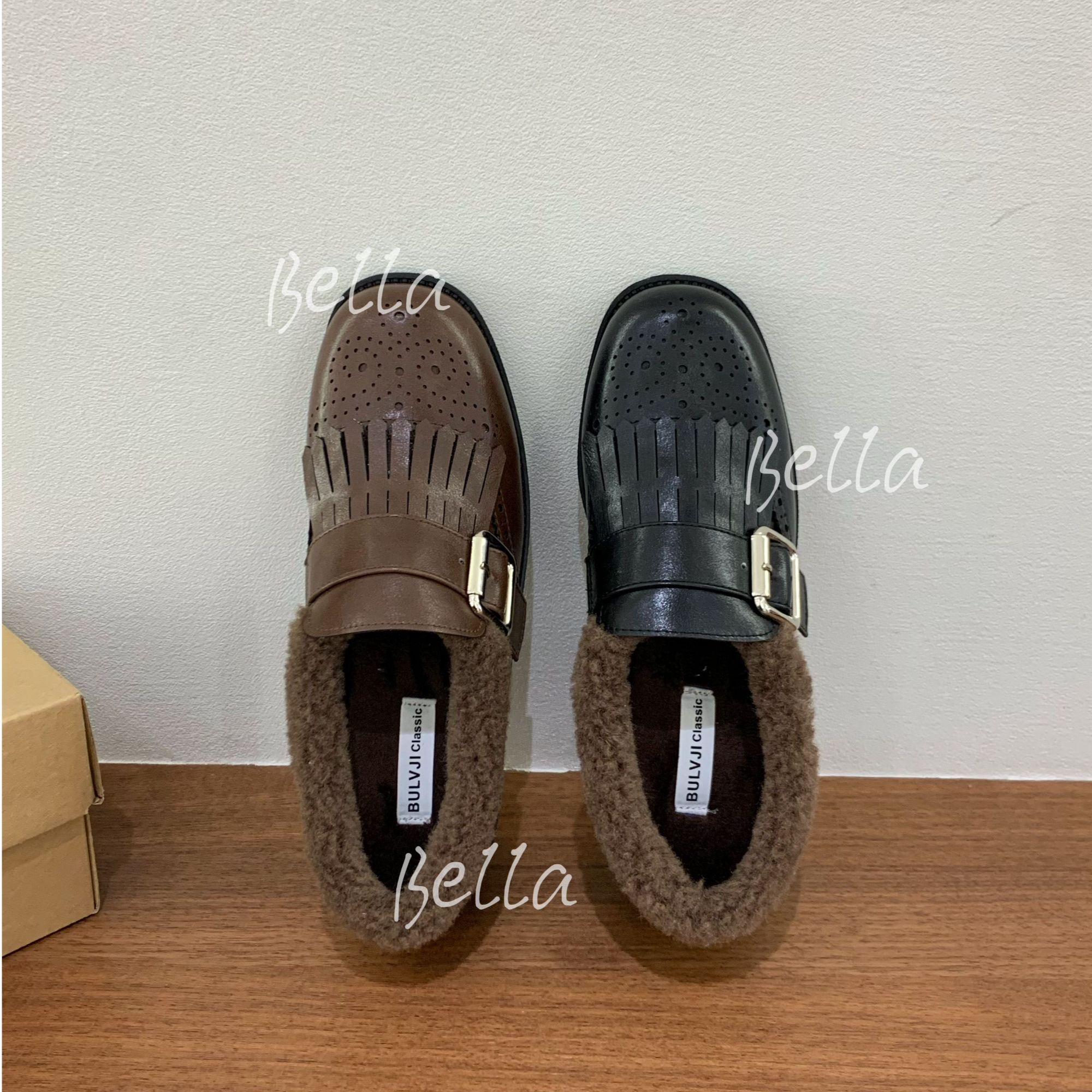 布洛克雕花深口加绒单鞋女2025冬流苏低跟乐福鞋皮带扣英伦小皮鞋