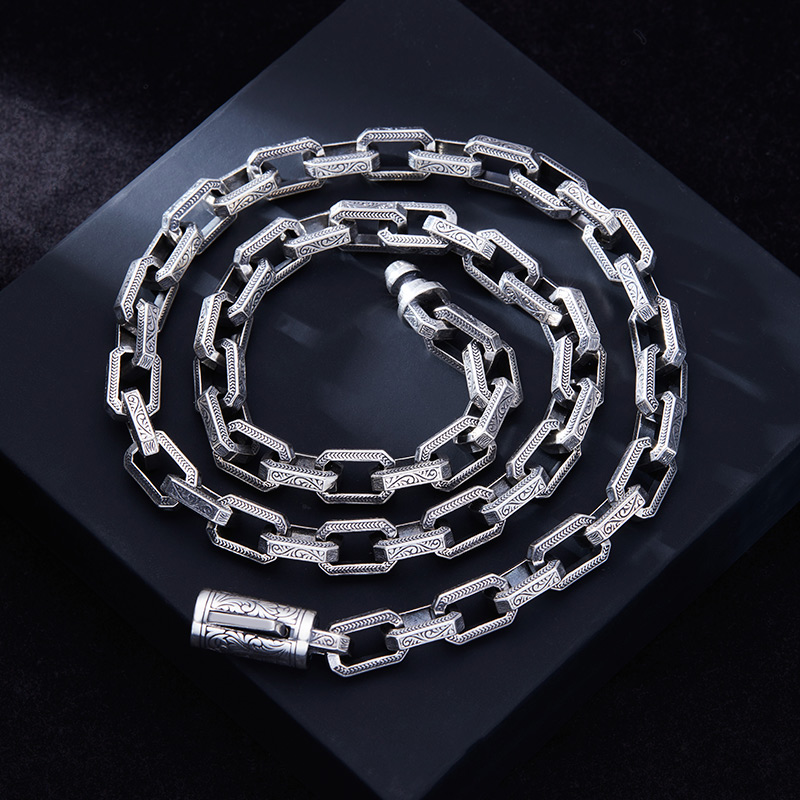 链子925银 男士时尚百搭潮流唐草纹项链个性男款复古粗款银链子男