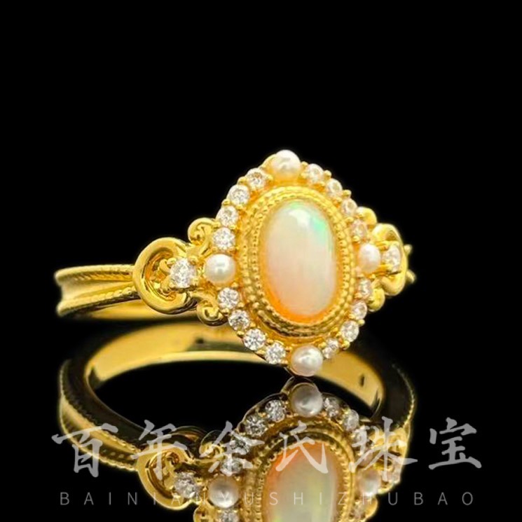 欧泊—足金999足金黄金镶嵌戒指吉普赛风格净金重