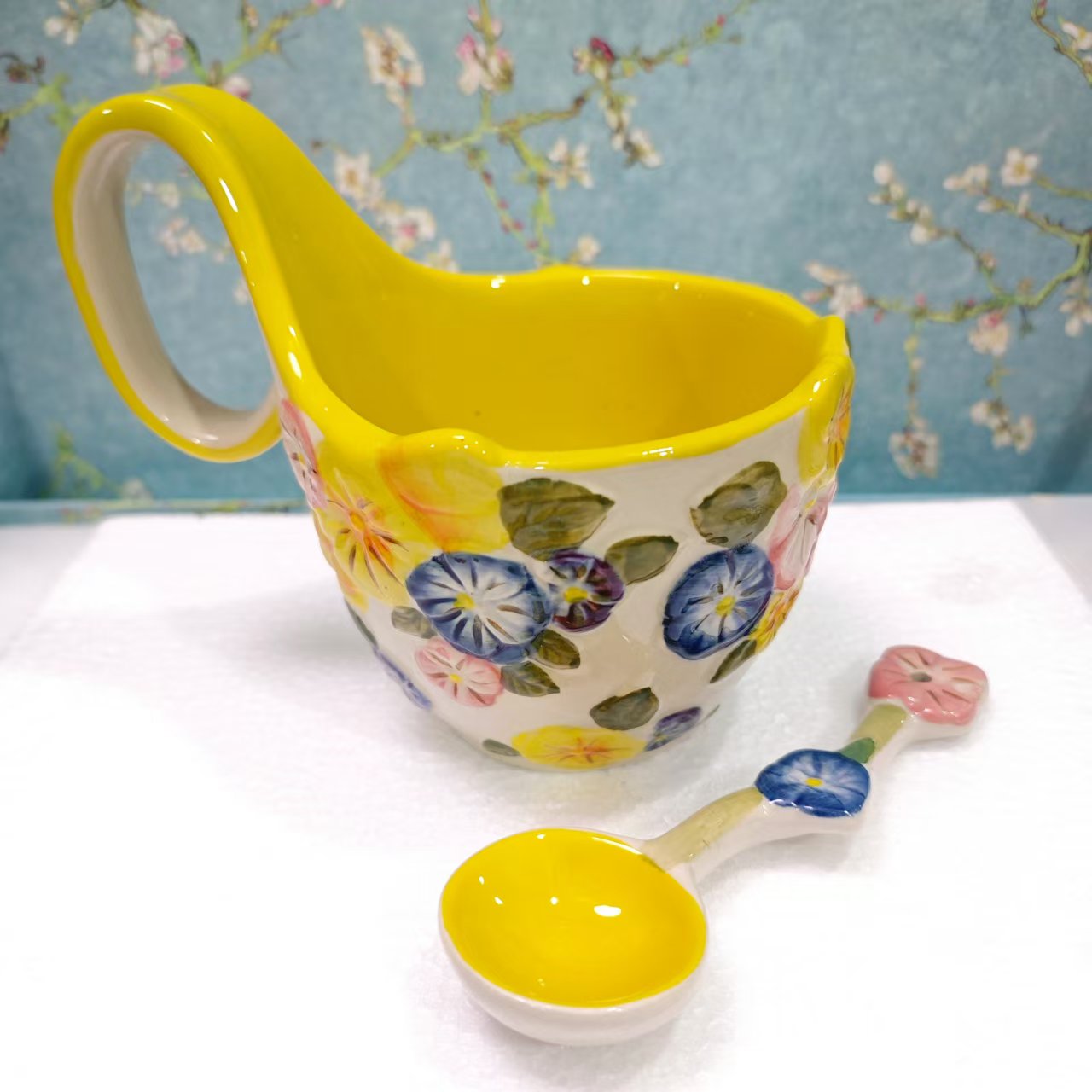 浮雕手绘富雅人生曲把碗+勺子