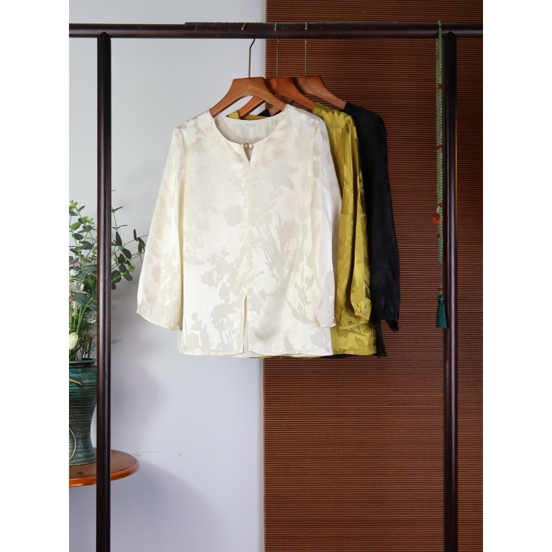 9321秋季香云纱上衣新中式长袖圆领女装40姆米-暗花 上衣女