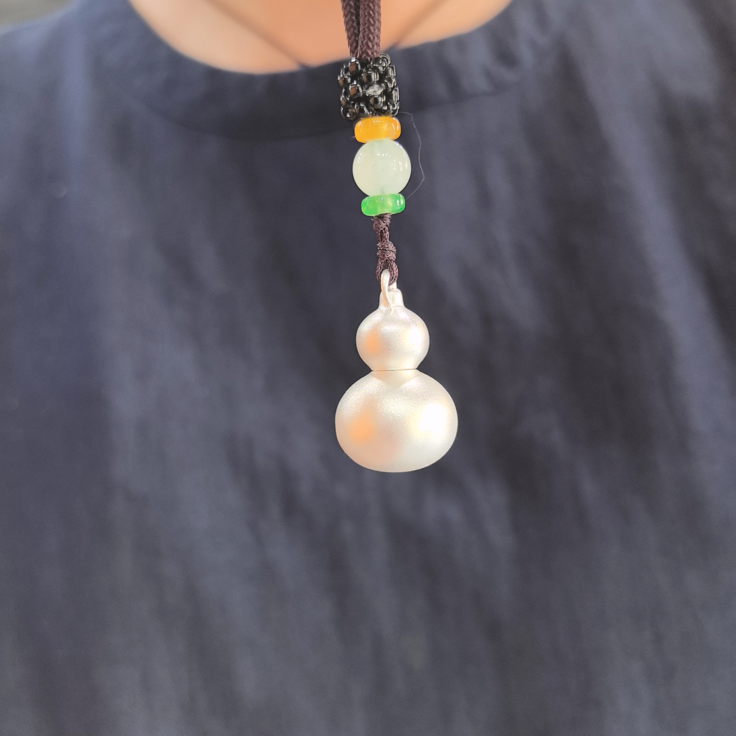 吊坠足银 葫芦项链百搭复古古法磨砂吊坠足银999长款气质毛衣链