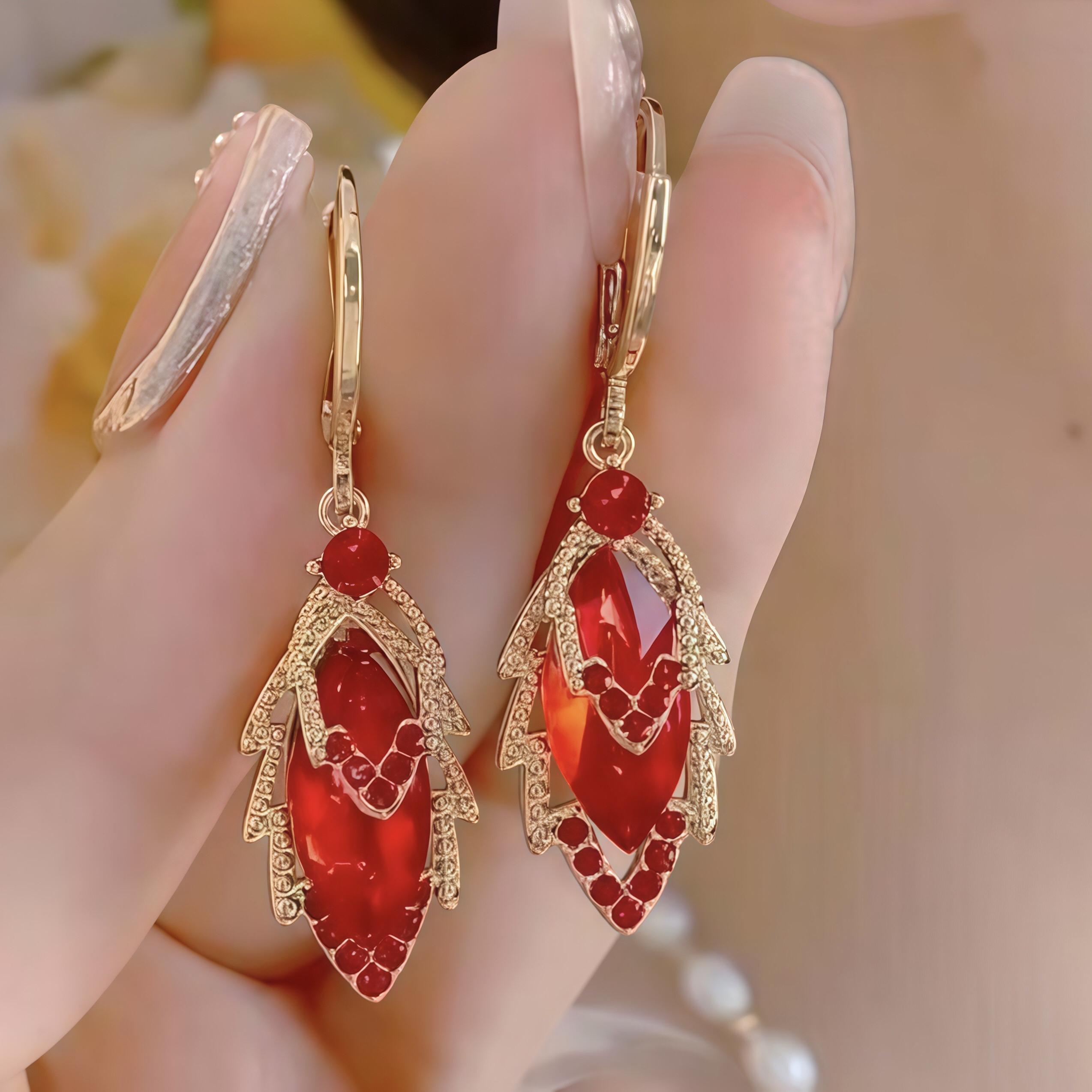 铜合金耳饰 红红火火布灵布灵石榴红叶子耳钉耳坠灵灵动动耳坠