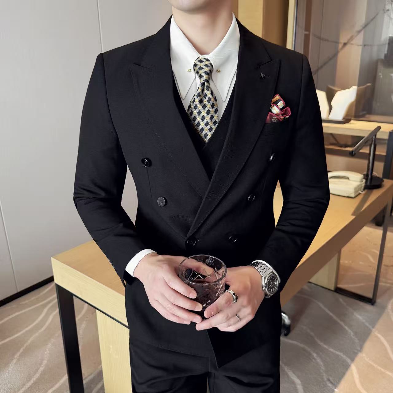 双排扣西服套装修身商务休闲常规款男装婚礼正装男士西装