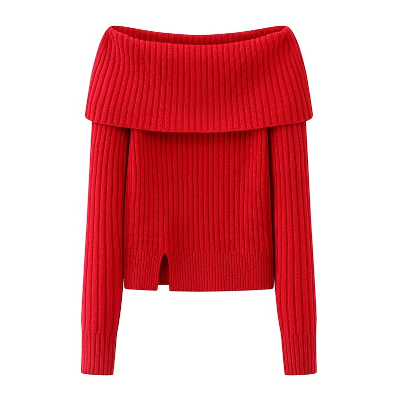 4159{艾}红色一字肩翻领针织衫女2025下摆开叉消费券用券好物上衣