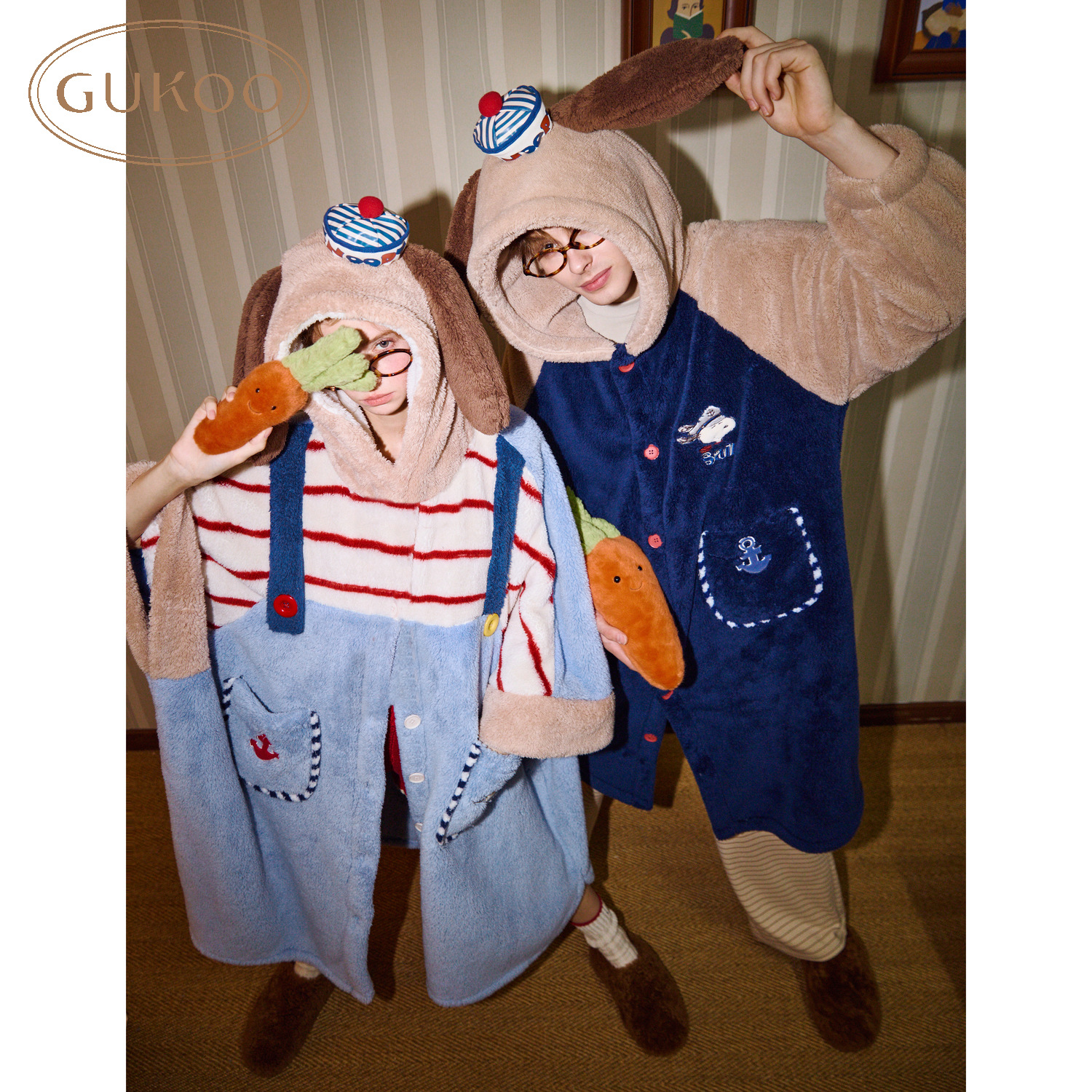 Gukoo/果壳情侣睡袍冬季珊瑚绒保暖新款史努比联名家居服男女外穿