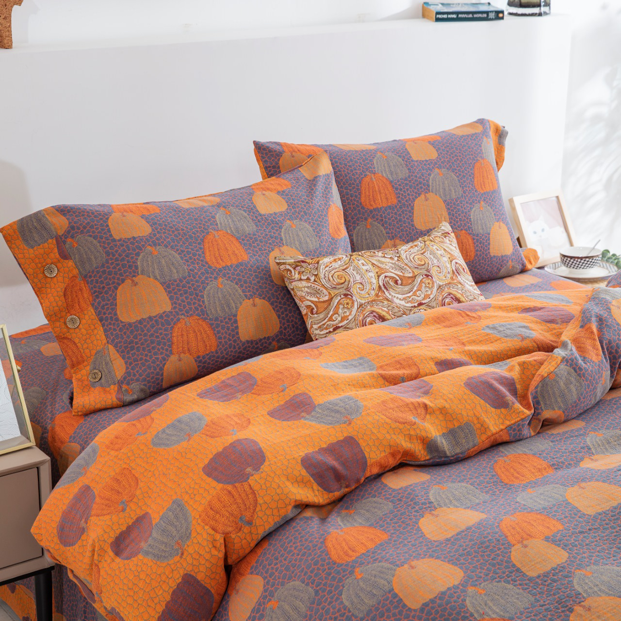 【南瓜橘双层纱四件套】高端双层被套四件套中式床单全棉床上用品