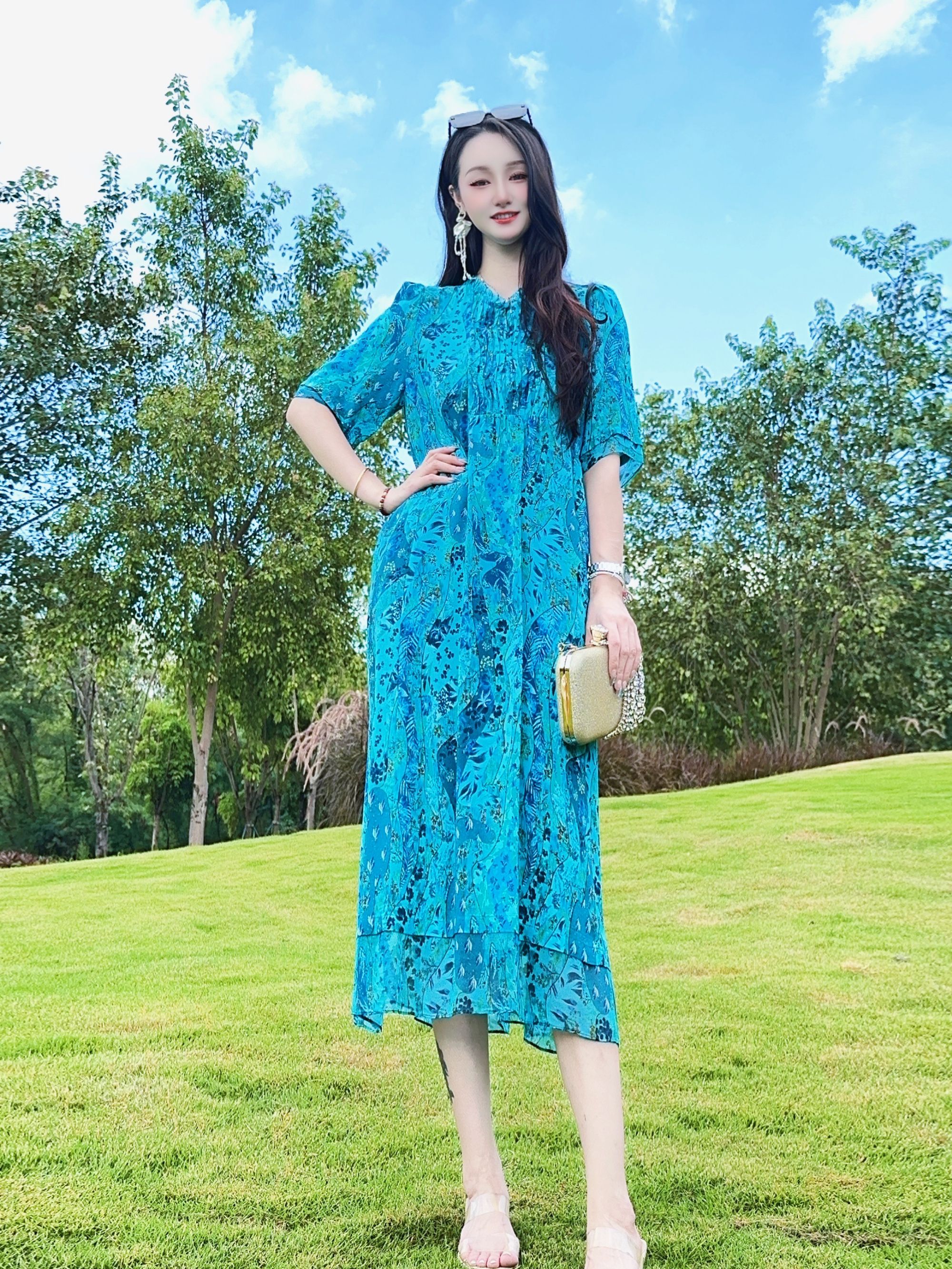 【2554一城花开】新款时尚显瘦印花桑蚕丝气质修身连衣裙115公分