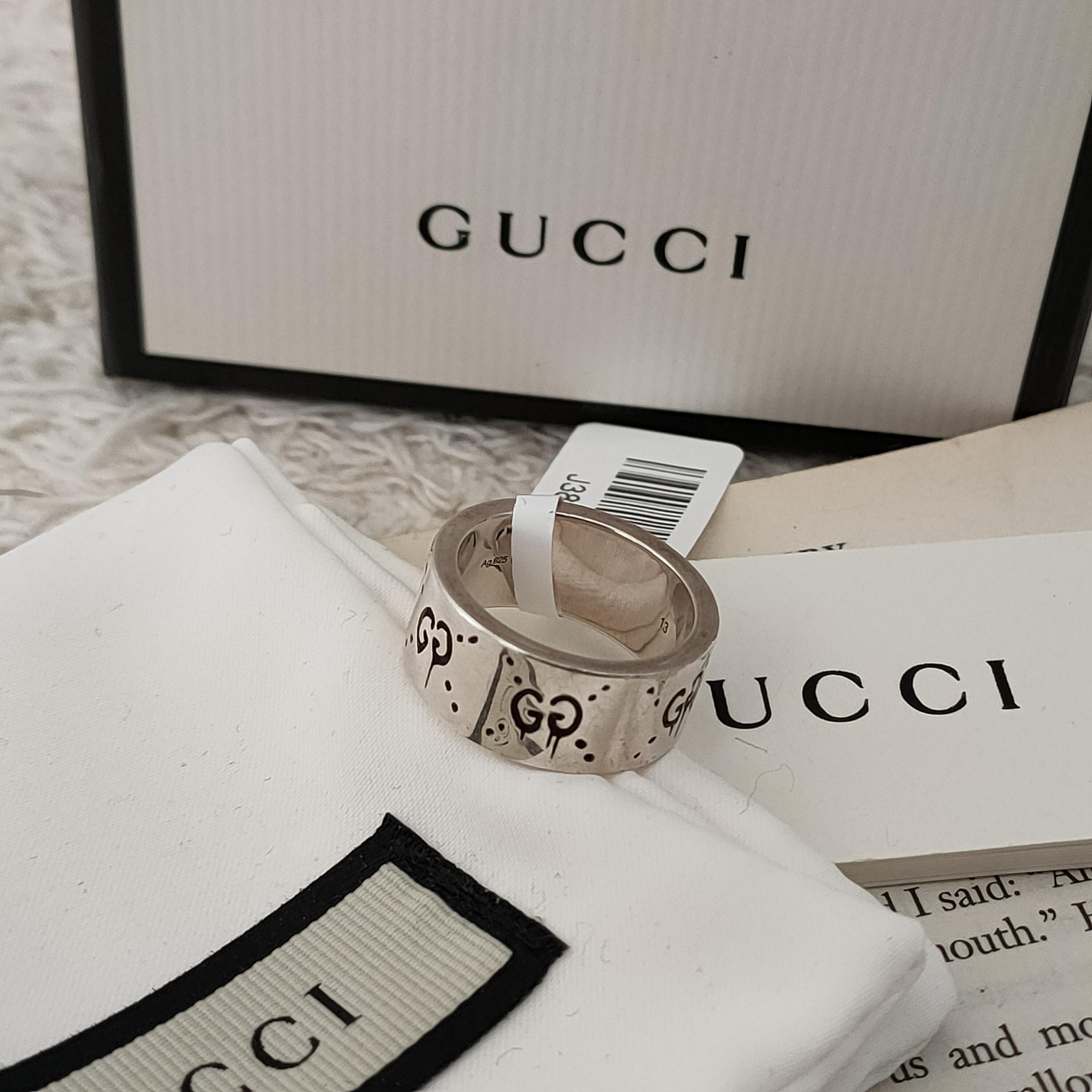 95新 GUCCI/古驰 Azul - 925白银Ghost小精灵时尚宽版戒指38135  