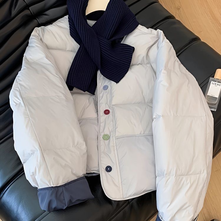 【送围巾】女生无帽棉服加厚保暖圆领棉衣女纯色拼接学生宽松