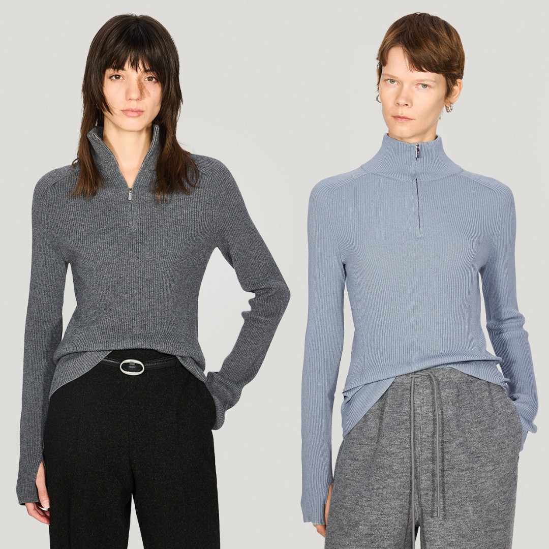 KEIGAN/开间德国BIELLA可水洗羊毛拇指袖修身显瘦拉链领打底衫