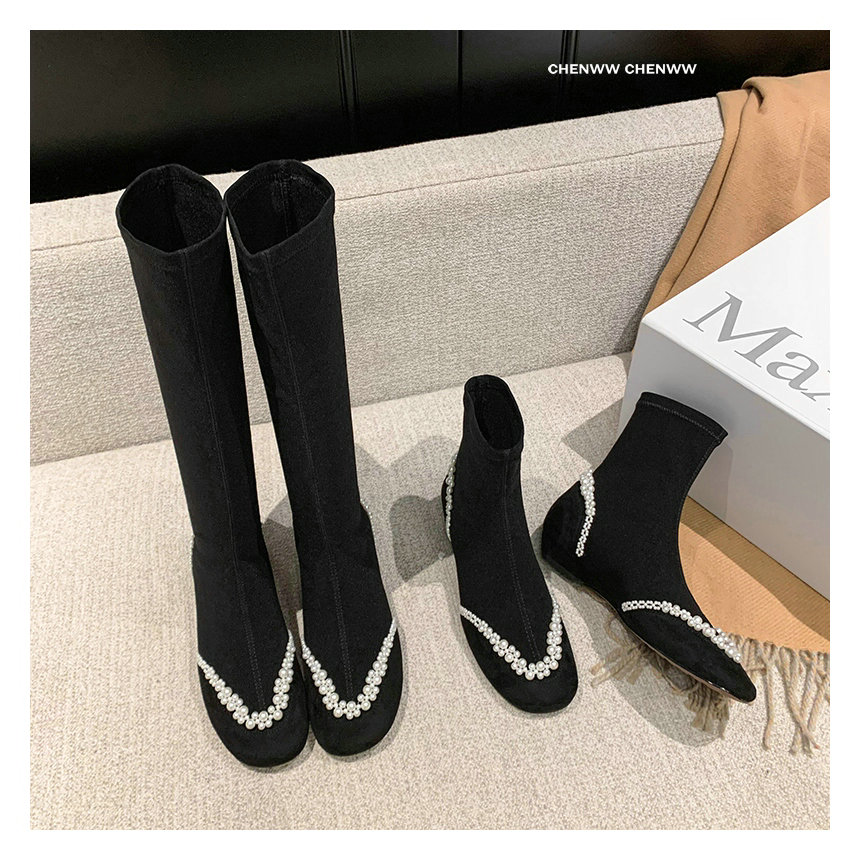 【CHENWW】法式香风珍珠重工弹力靴袜靴圆头平底百搭网红款长筒靴