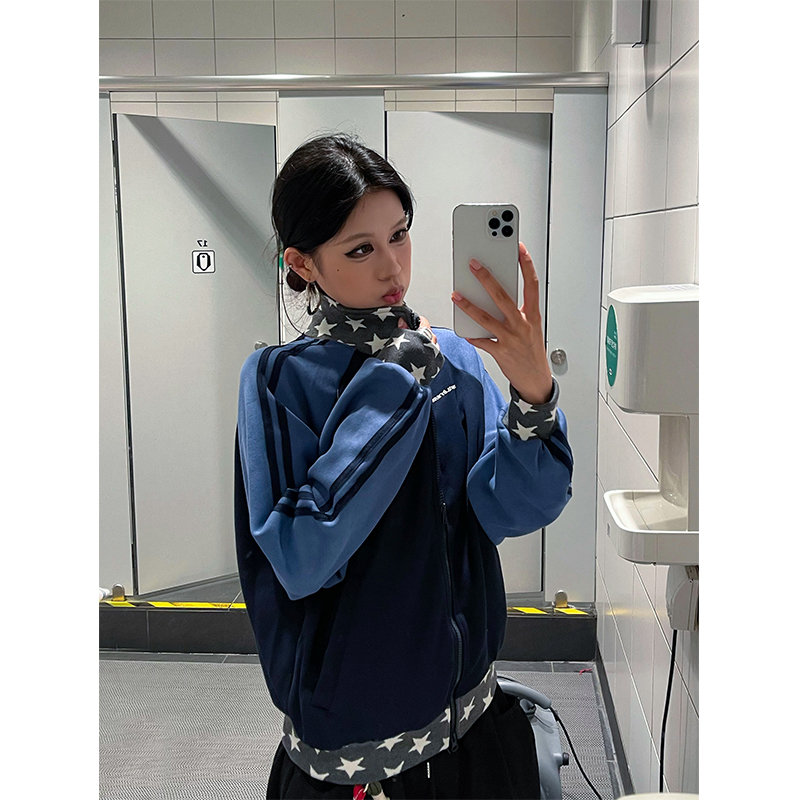美式复古星星立领运动开衫卫衣外套男女秋季拼接撞色短款休闲上衣