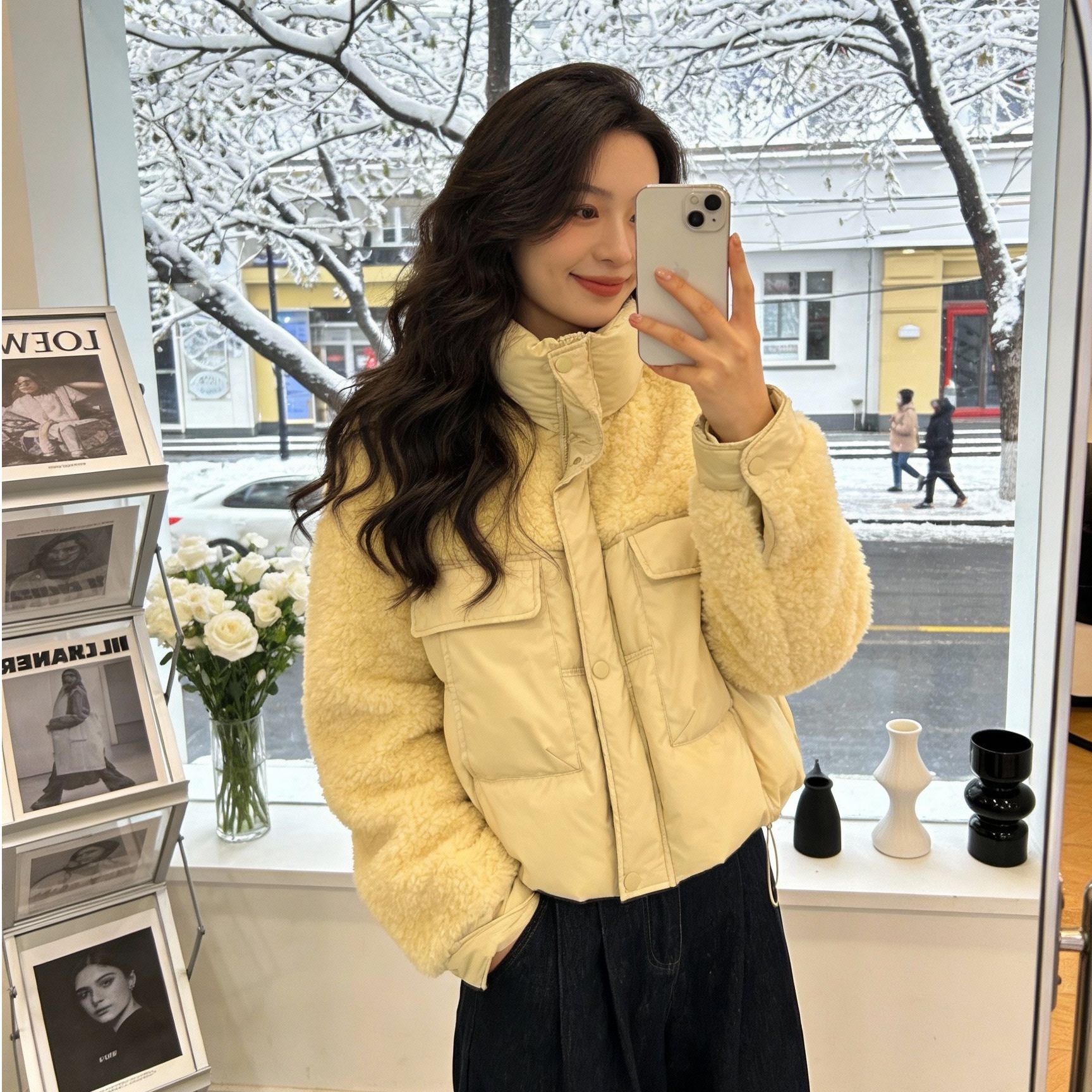 韩系设计感羊羔毛拼接羽绒服女2025冬新款时尚立领洋气外套 8002