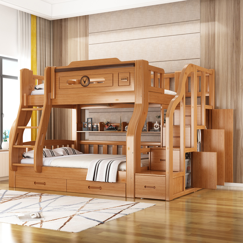 实木床加厚实木子母床高低床上下床双层床成人床上下铺两层衣柜款
