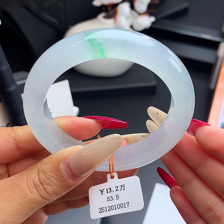 未镶嵌手镯翡翠53.5正圈冰胶金丝绿