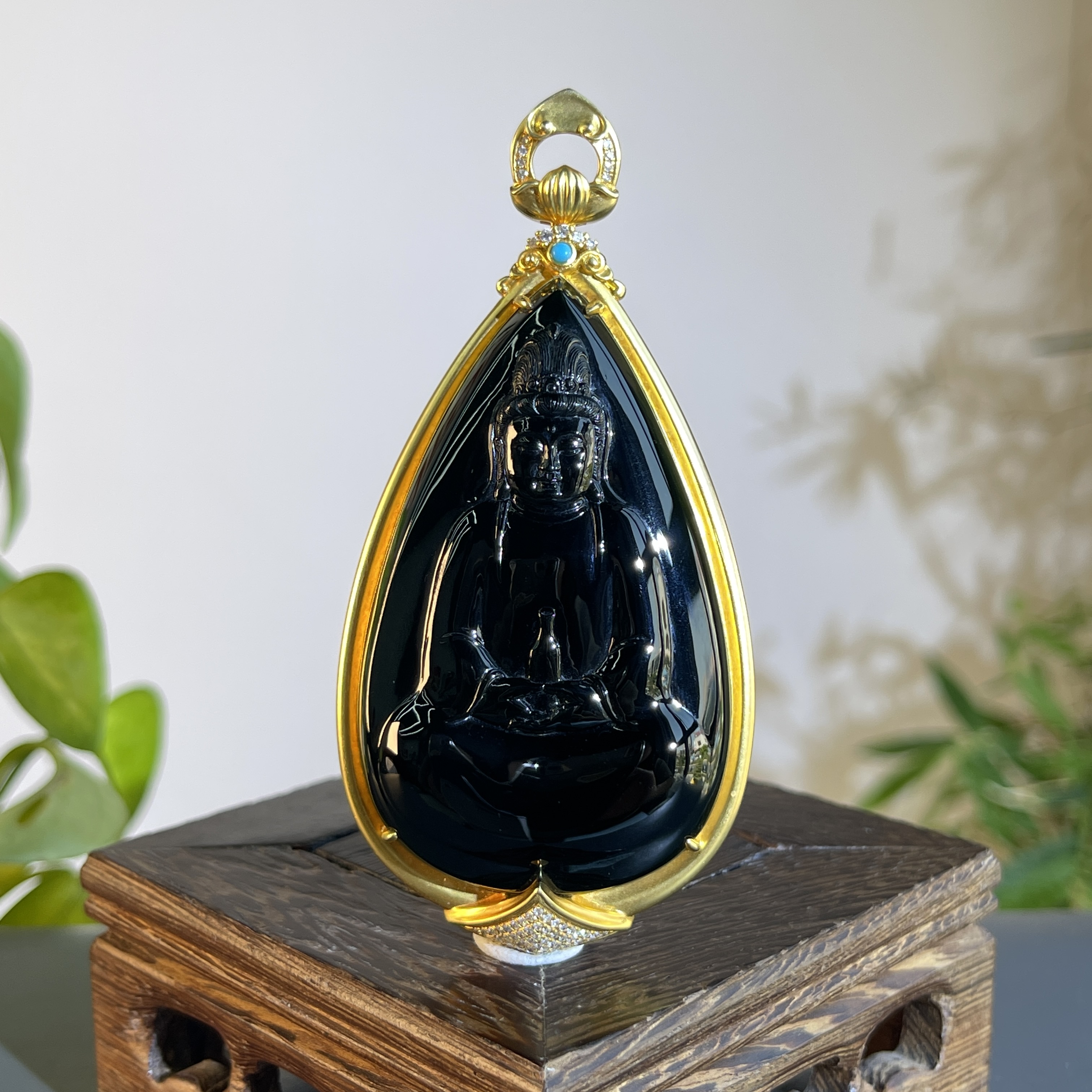 JXA23-176 黑色天然翡翠A货 黑-18K含钻镶嵌净瓶观音