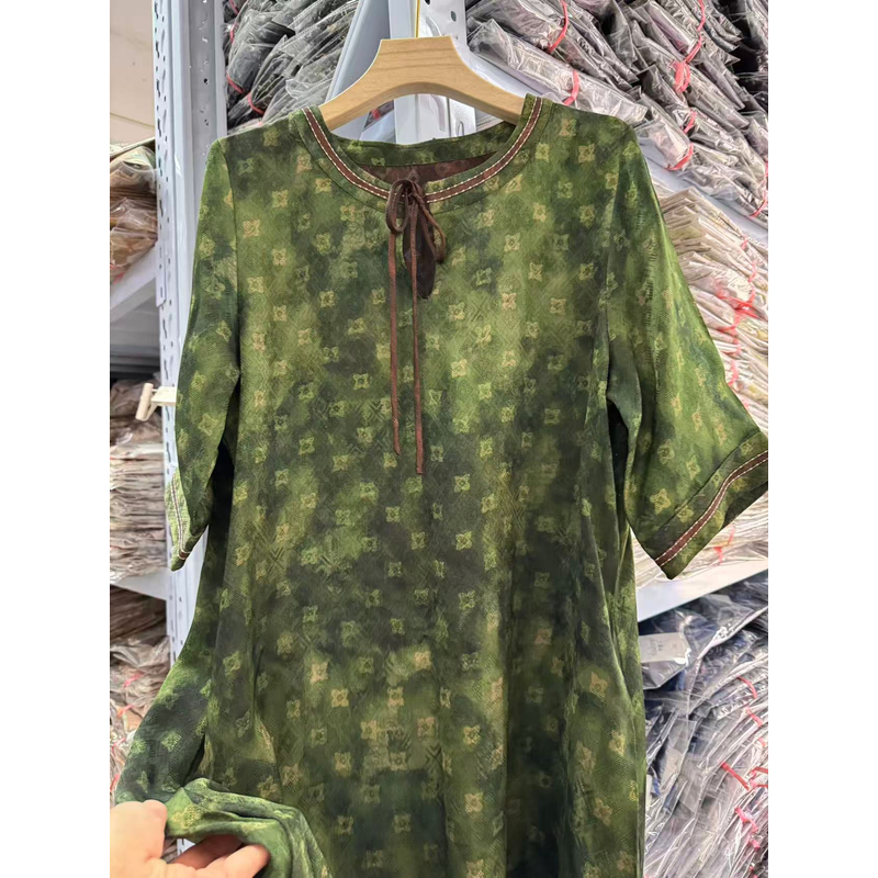 7775 夏季老钱风新中式复古风绿色连衣裙