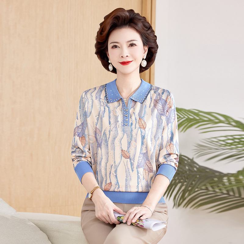 妈妈秋装洋气小衫中老年女装翻领长袖T恤上衣时尚春秋打底衫外穿