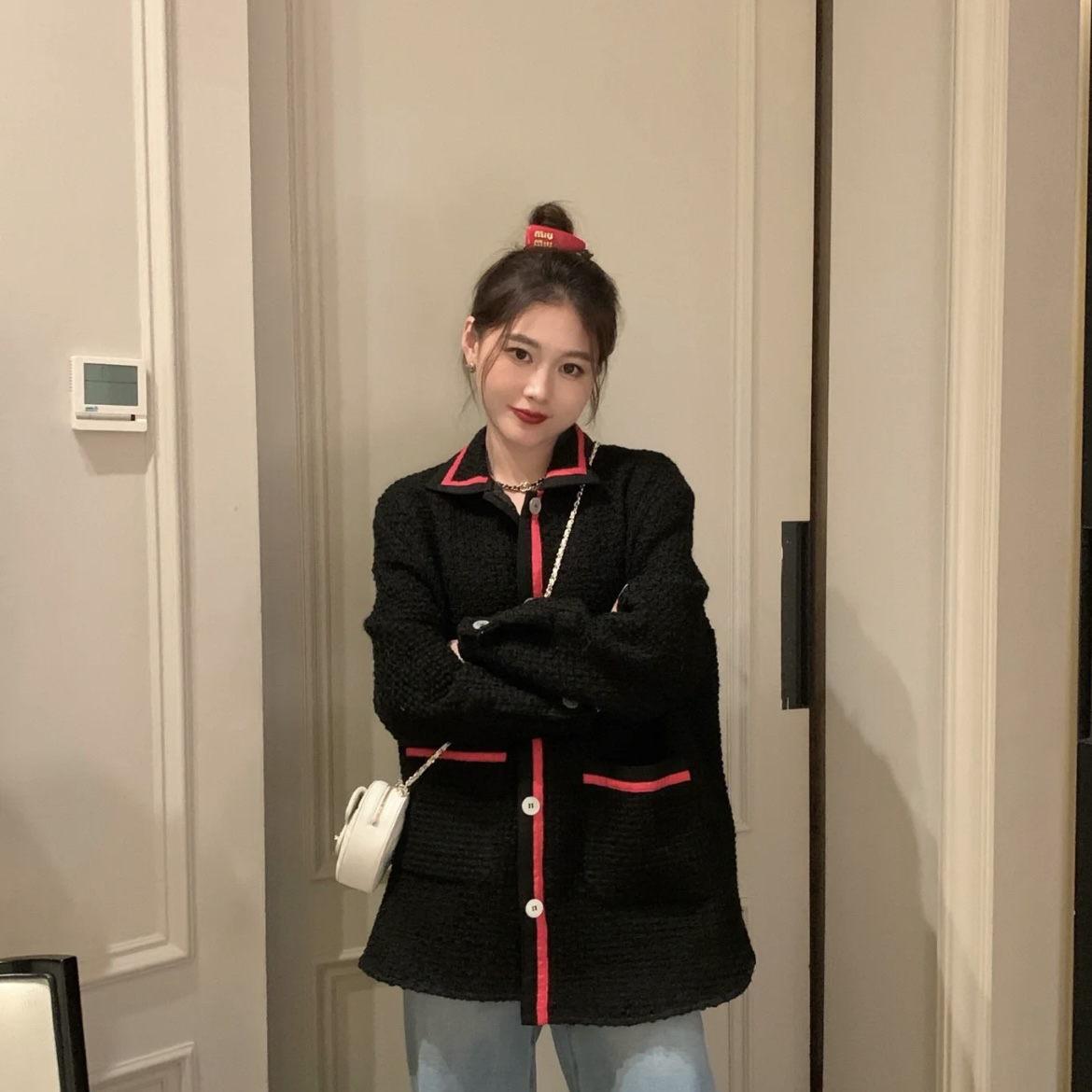 99新 MIU MIU/缪缪 2cc044/撞色条纹单排扣休闲外套 锦纶 38码