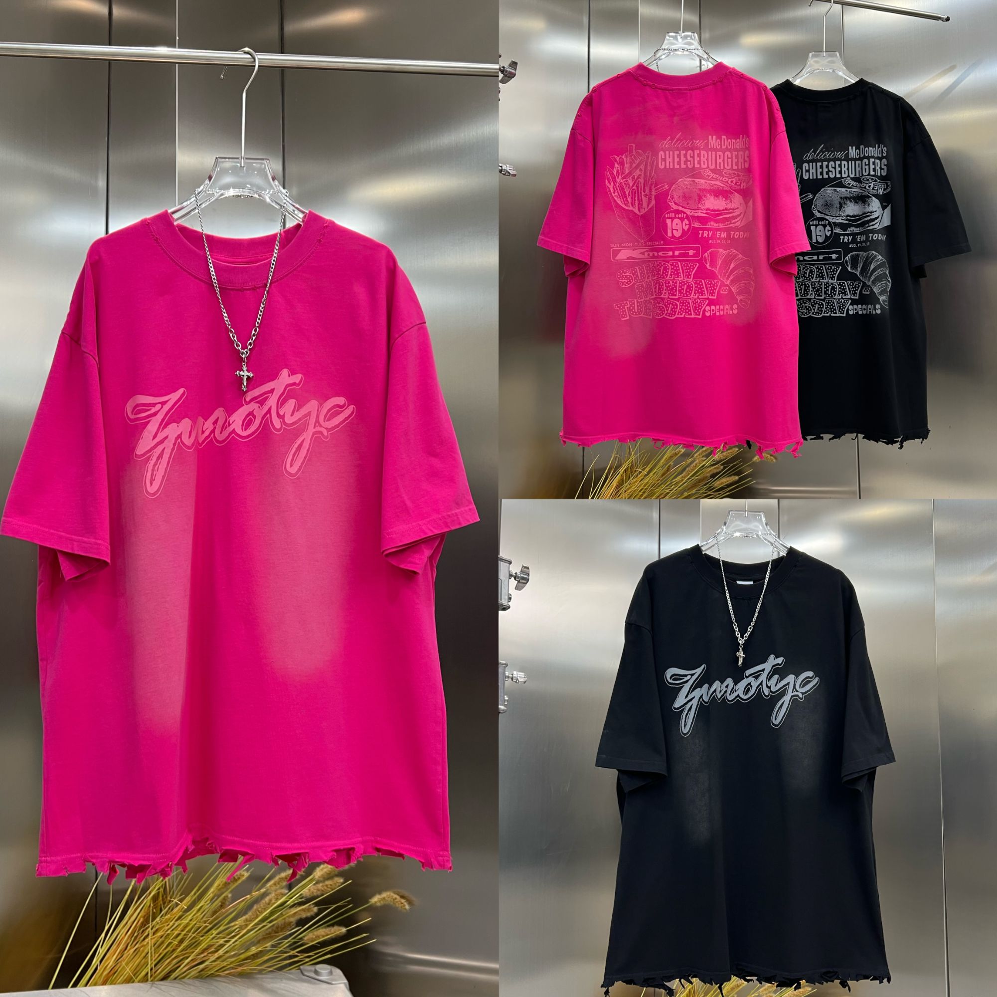 美式休闲情侣百搭破洞打底oversize街头字母印花潮牌上衣短袖