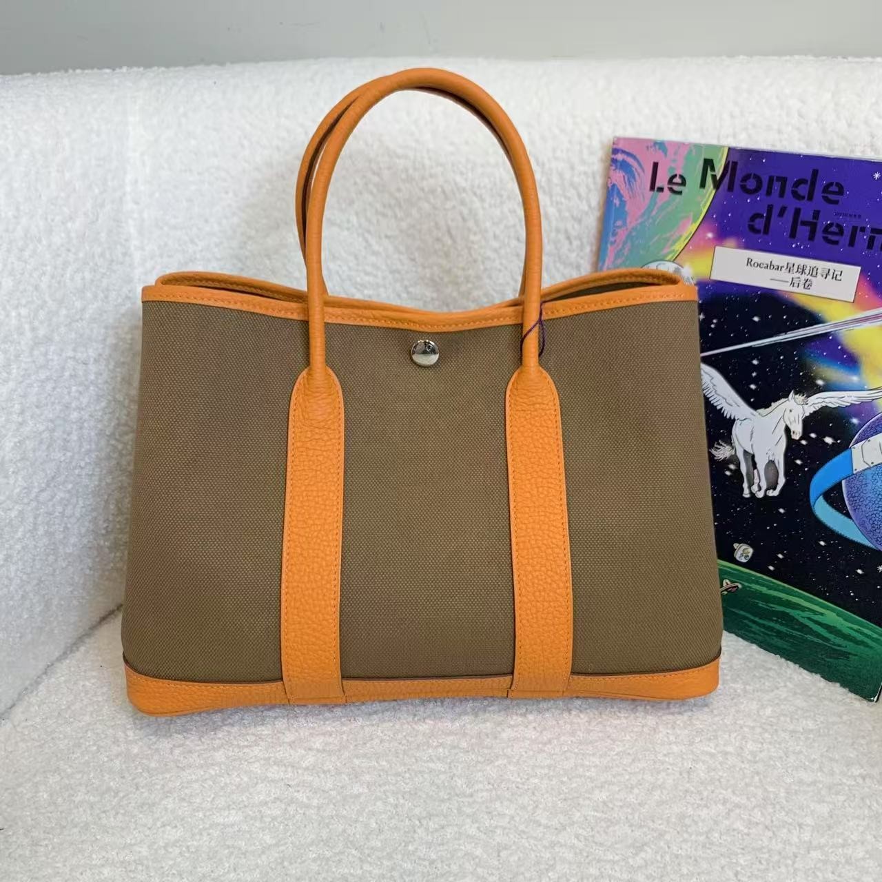 99新 Hermes/爱马仕 壹臻娇/帆布栗色拼橙 色花园30 w刻 54328805