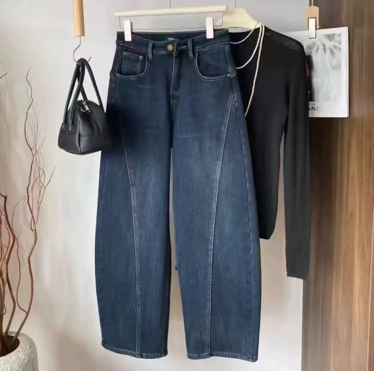 秋冬加绒加厚美式复古高显瘦弯刀裤Y916