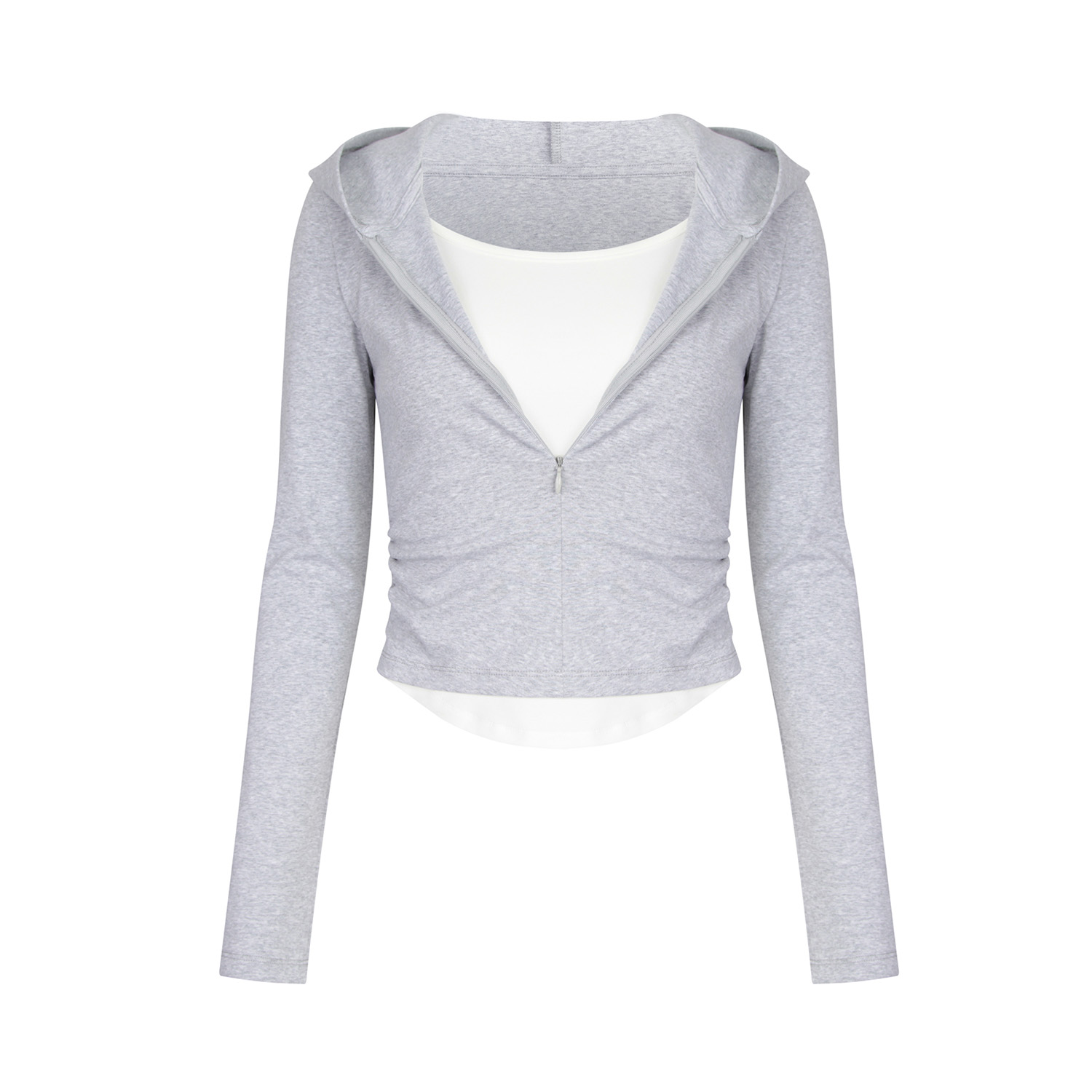 【Aliu自制】气质穿搭连帽假两件拉链长袖T恤早秋新款修身显瘦上衣