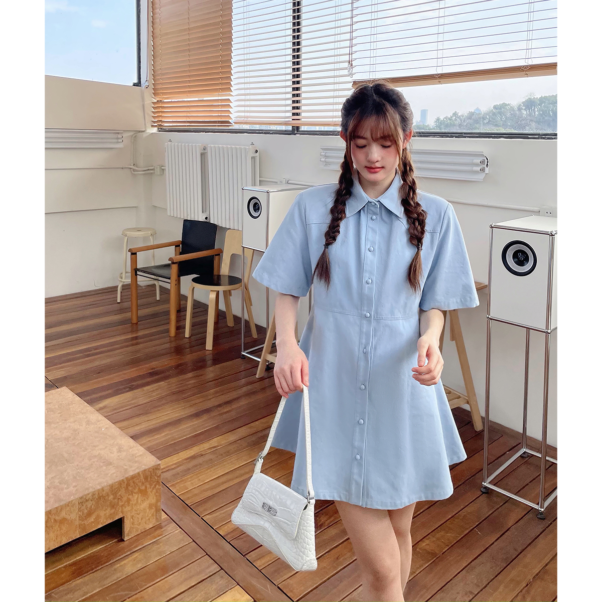 晶咕白标~短款斜纹衬衫领连衣裙女春季大码小收腰感显瘦裙子