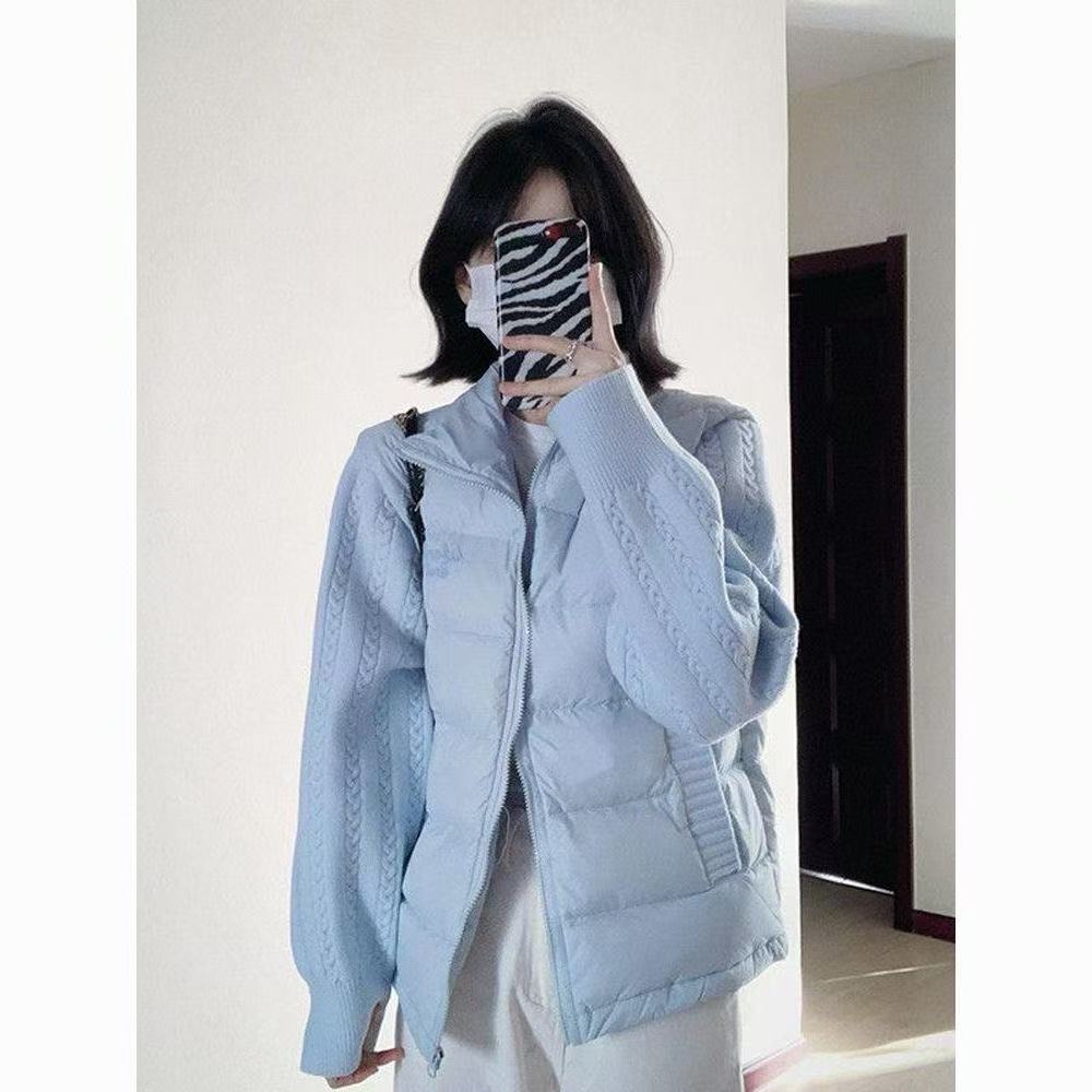 A91韩版温柔风麻花针织拼接设计棉服设计感字母刺绣薄款棉衣外套