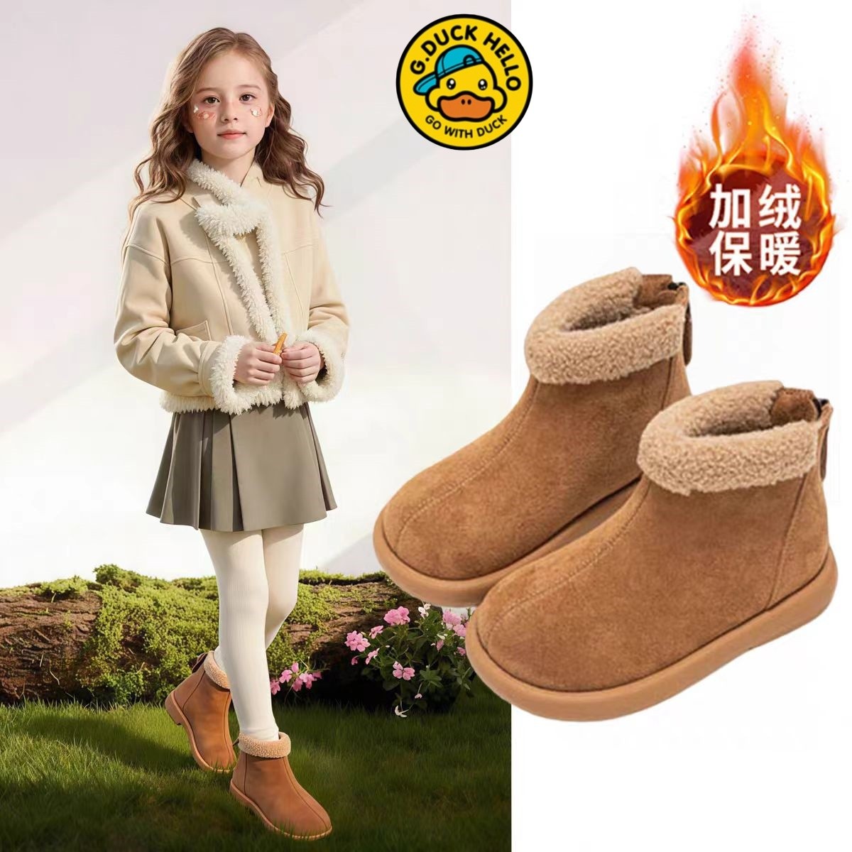 哈罗小黄鸭女童短靴加绒马丁靴2025冬季新款儿童软底棉短靴雪地靴