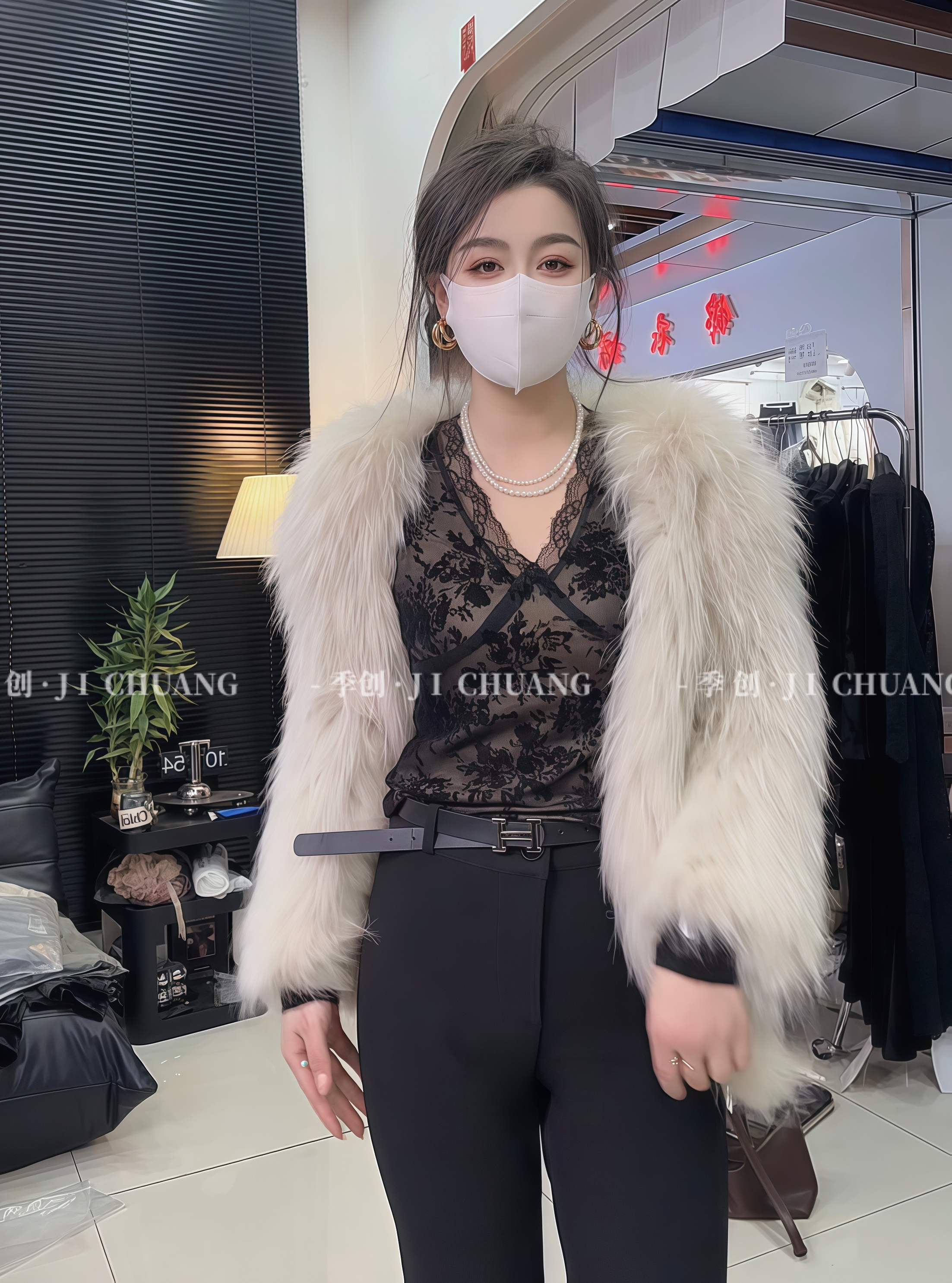 植绒蕾丝花V领上衣冬新款 