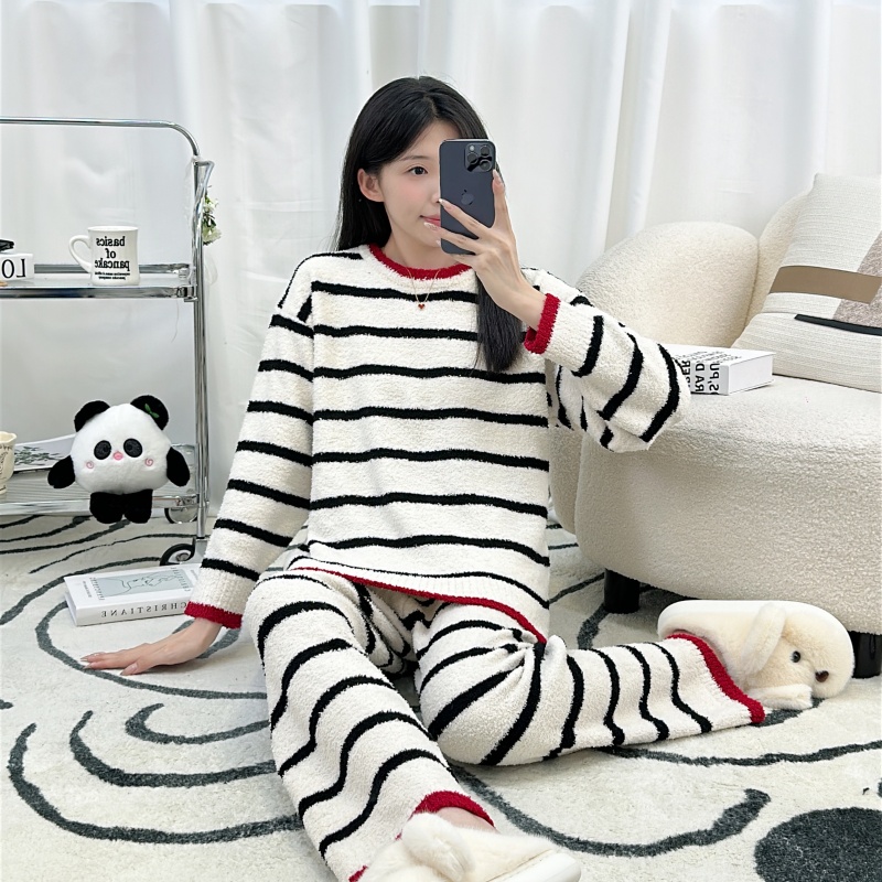 女士睡衣秋冬季半边绒条纹高级感加绒加厚少女冬天家居服套装外穿