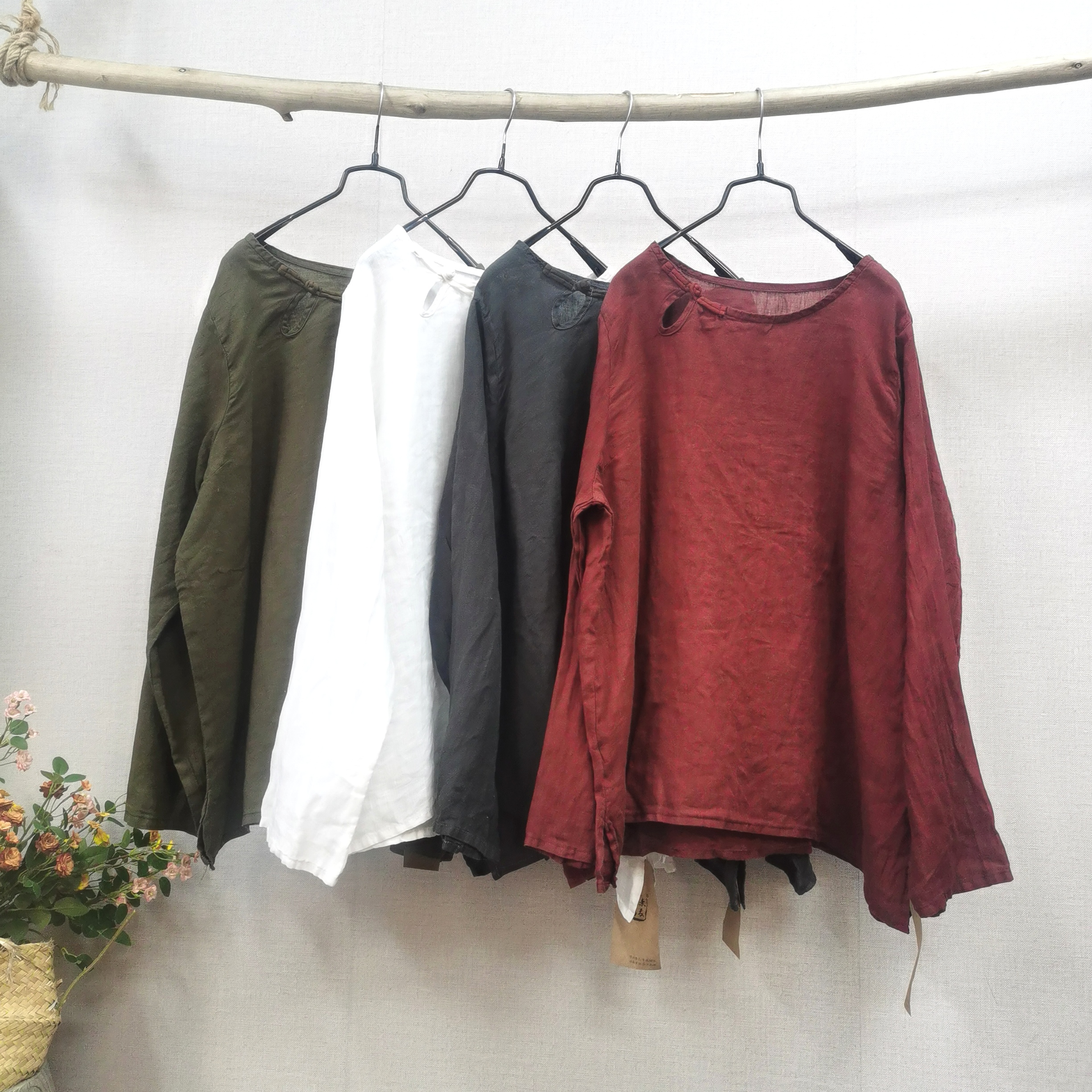 儒品素衣2910亚麻水滴领盘扣上衣