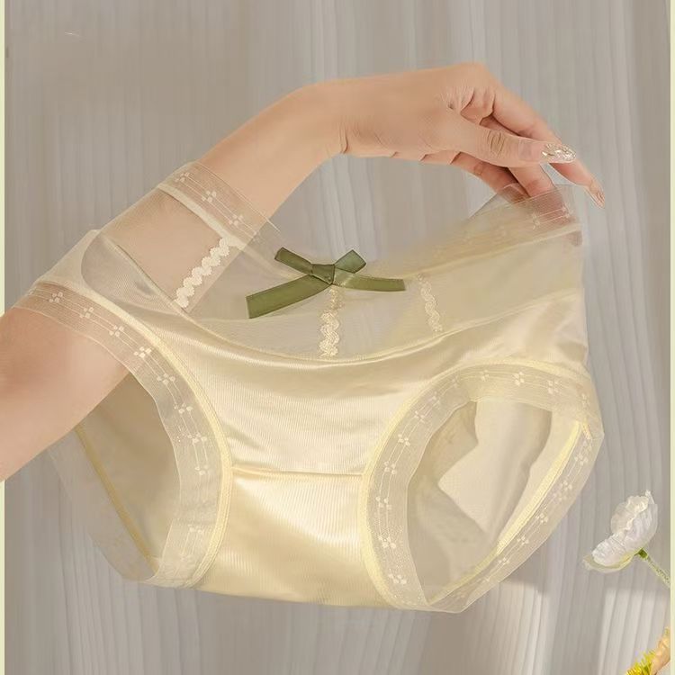 〖奢香夫人〗轻奢缎面黑色性感网纱蕾丝内裤女中腰包臀珠光三角裤女
