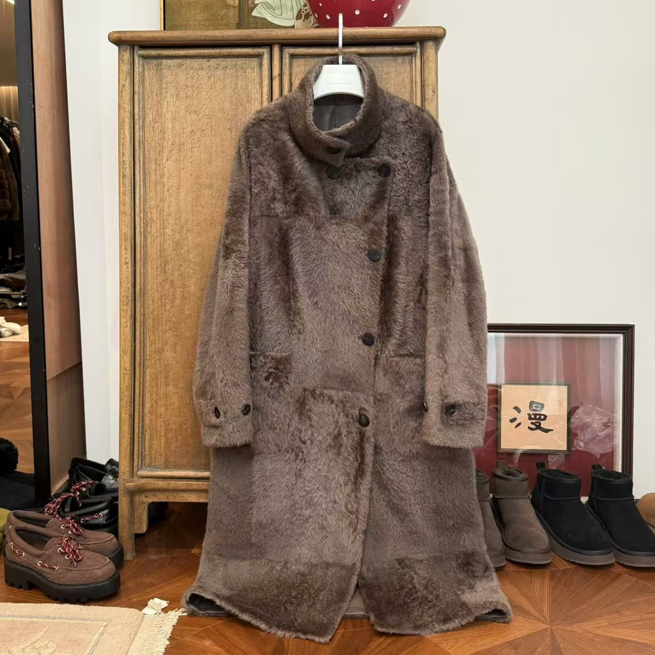 MYL 2024秋冬新品皮毛一体香云紫外套立领长袖单排扣长款拉贡皮草