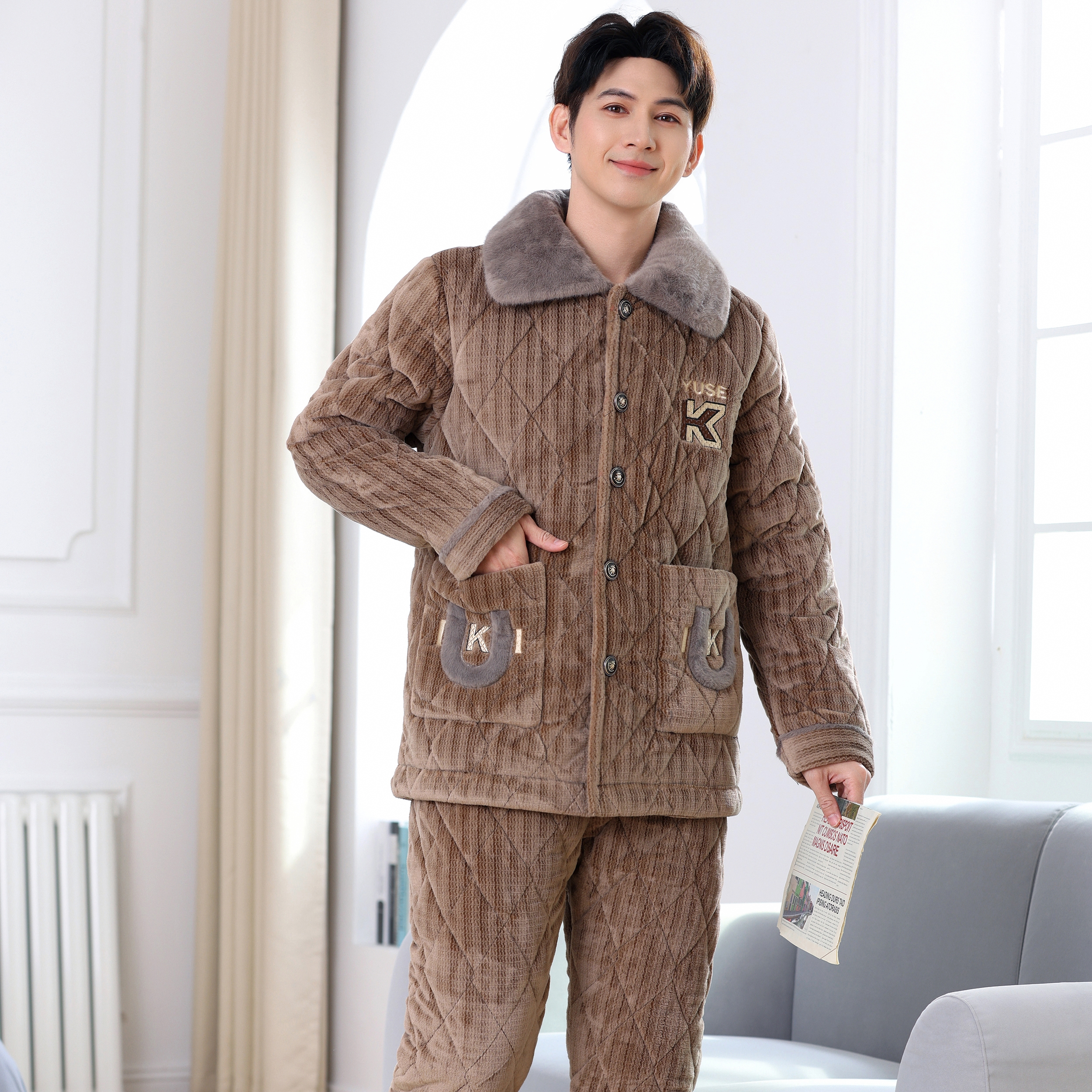 【1392冬季加大新款特厚睡衣】男士冬季加绒加厚睡衣家居服可外穿