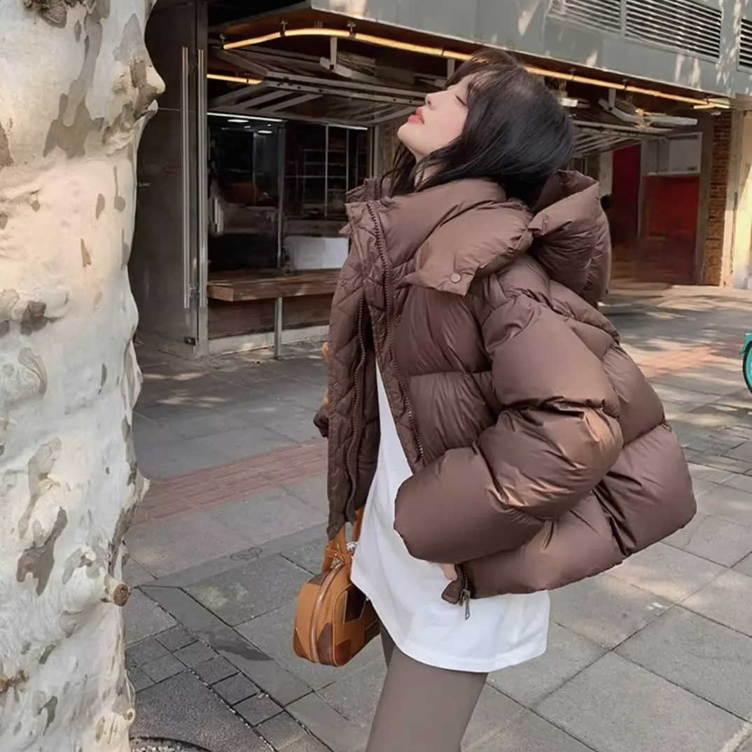 咖色短款连帽羽绒服女款爆款新款冬季韩版宽松外套
