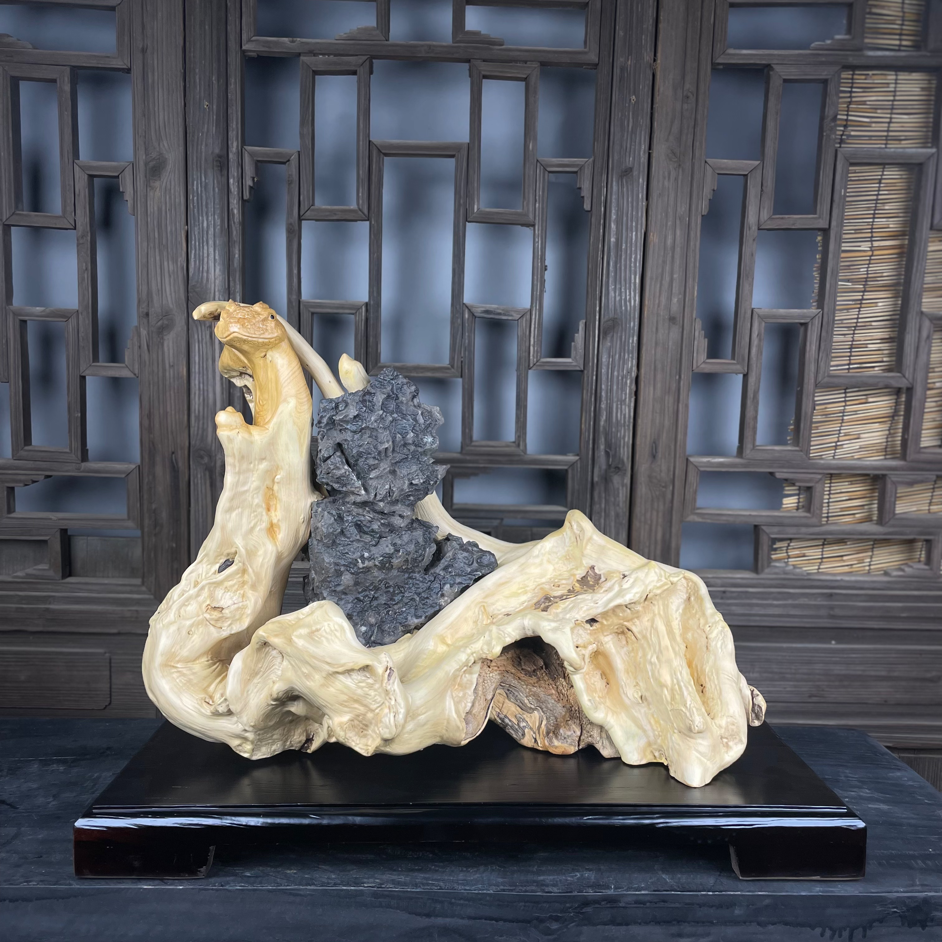 原创手工木雕工艺品摆件，黄杨根包石（蛇来运转）