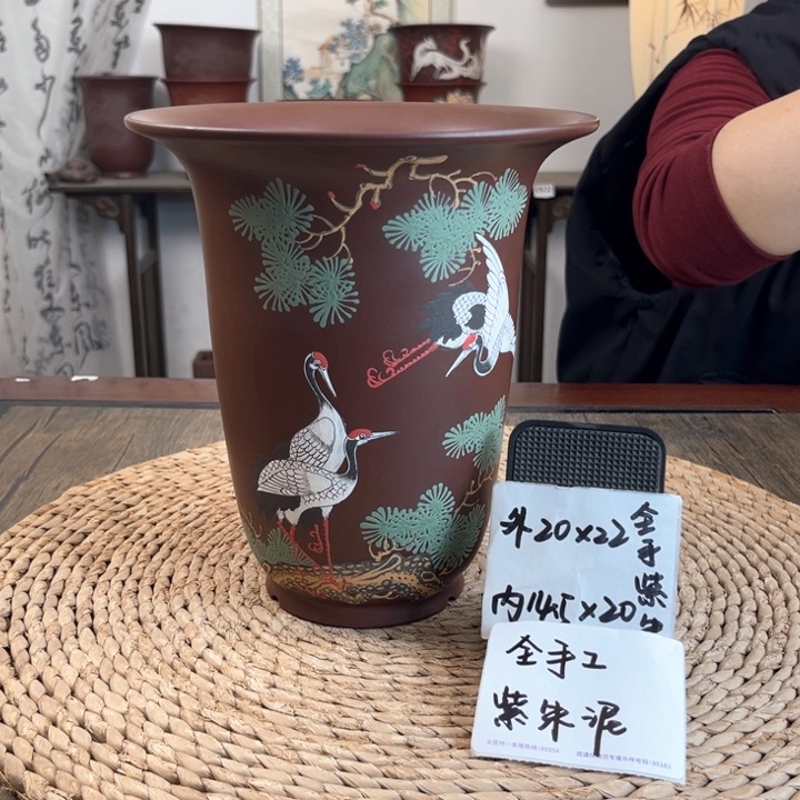 紫砂花盆全手工紫朱泥仙鹤手绘金钟