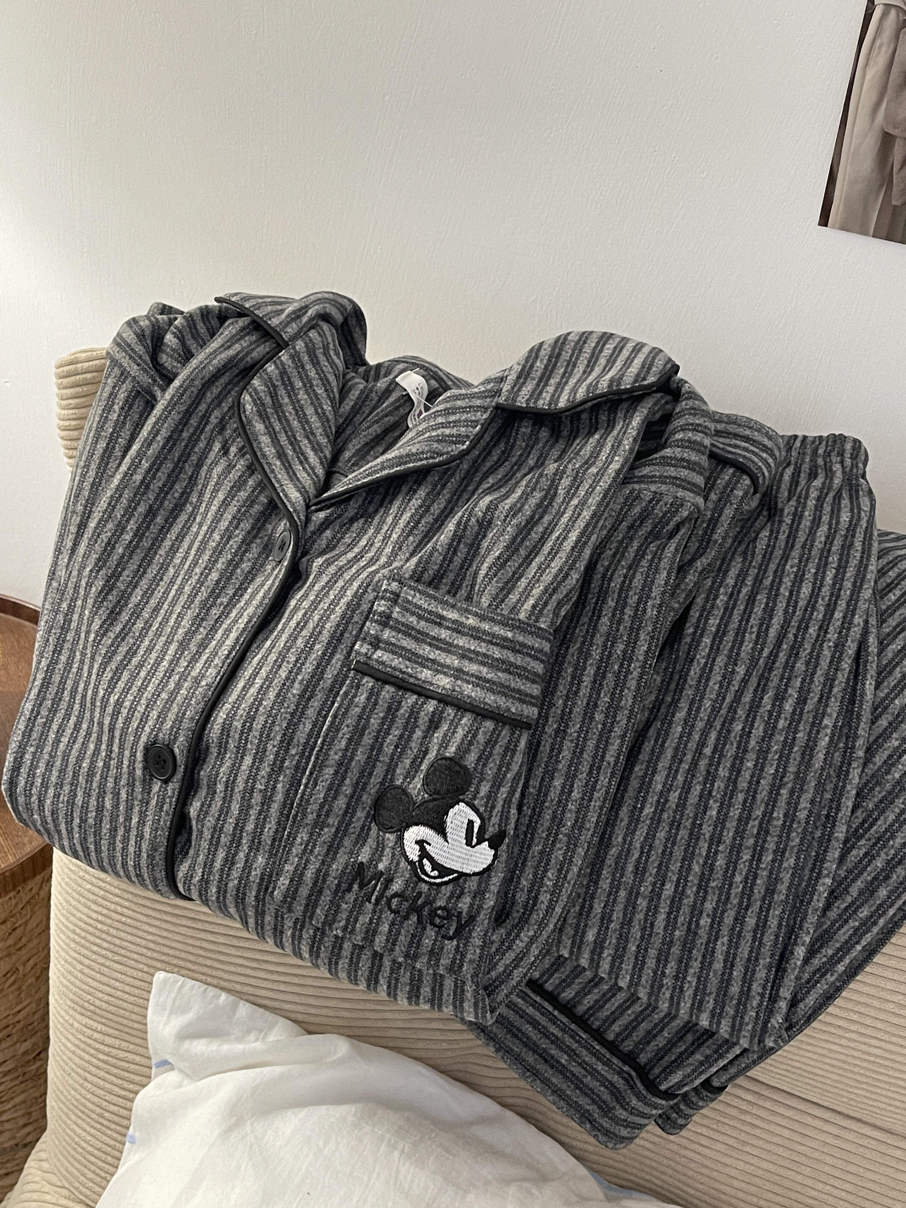 德绒情侣睡衣秋冬季新款长袖加厚保暖韩版休闲条纹米奇家居服套装