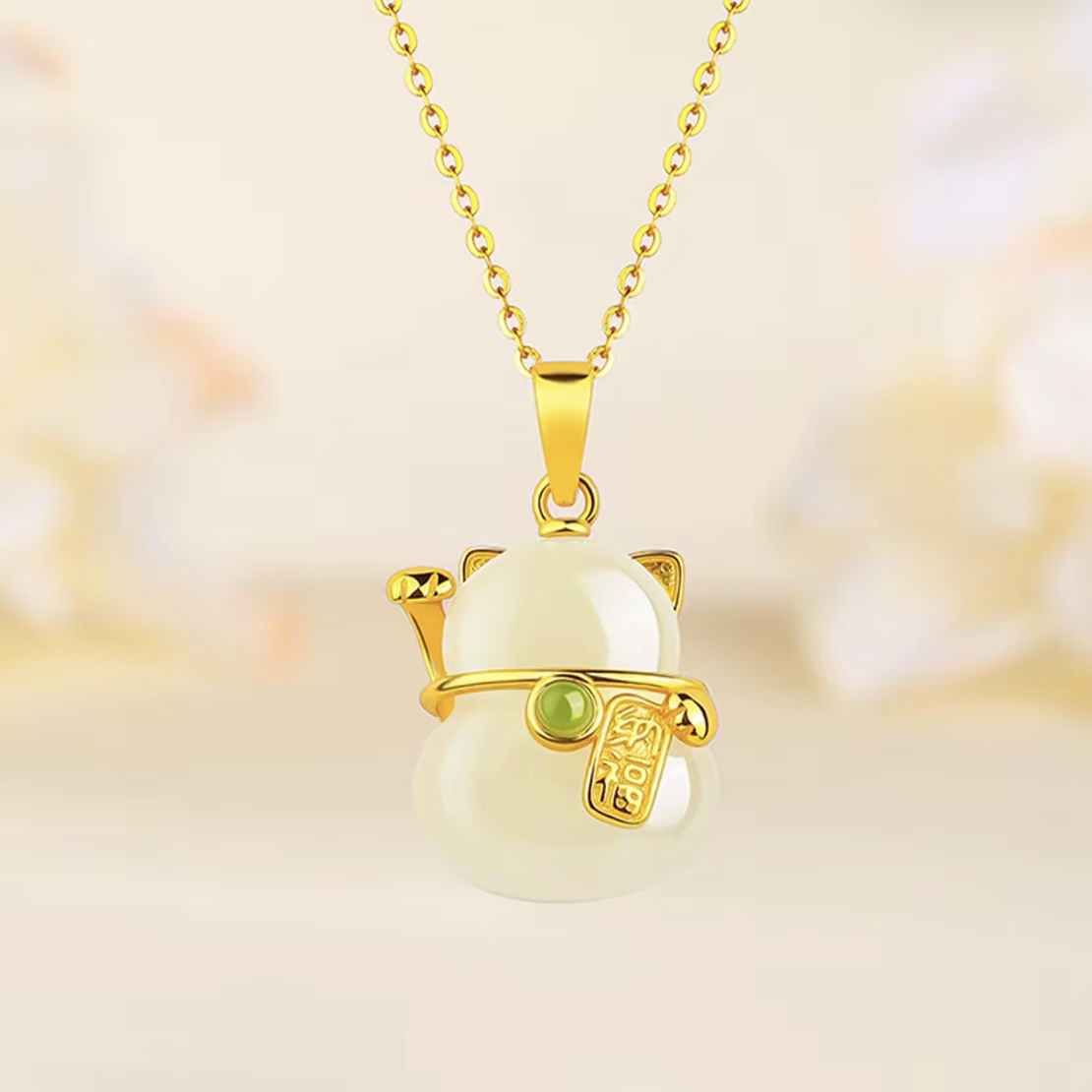 S925银镶嵌天然和田玉招财猫吊坠可爱轻奢女生锁骨礼物3581不含链
