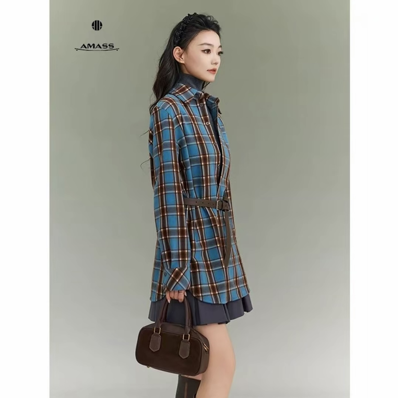 AMASS/阿玛施530107秋季新款百搭经典格纹休闲复古韩版长袖衬衫女