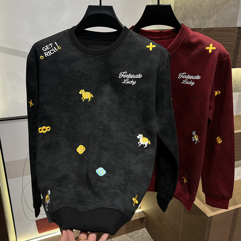 2026早春男士新款时尚百搭圆领长袖休闲简约卫衣宽松刺绣潮流男装