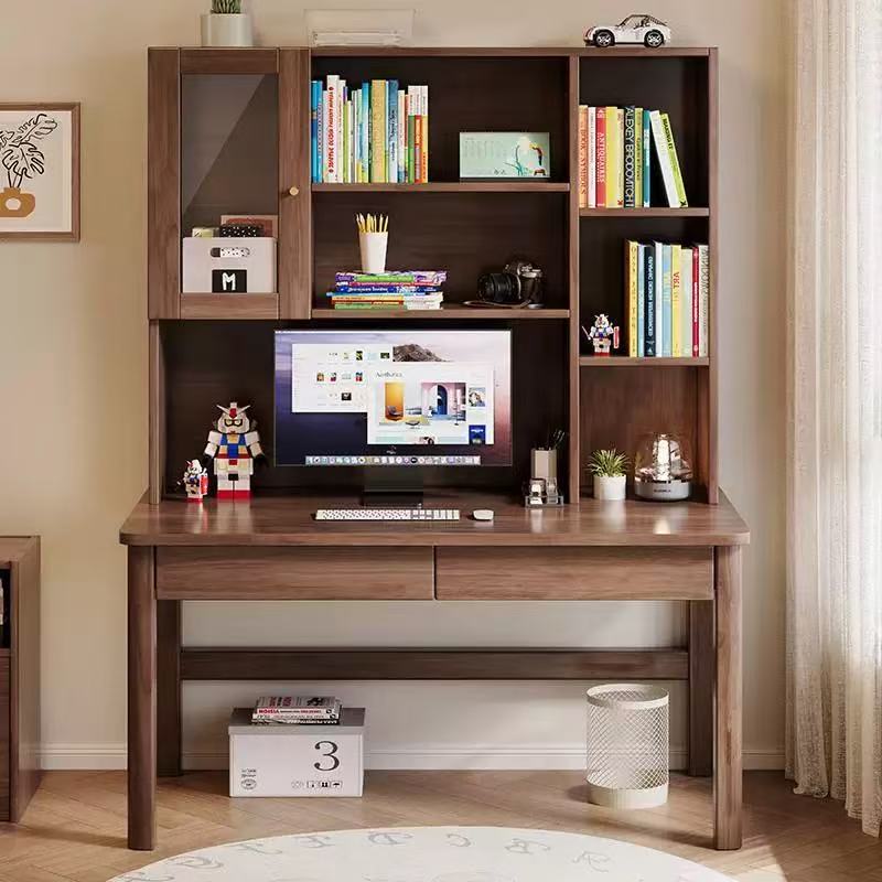 实木书桌书架一体家用书房客厅书柜组合学习桌卧室简约现代电脑桌