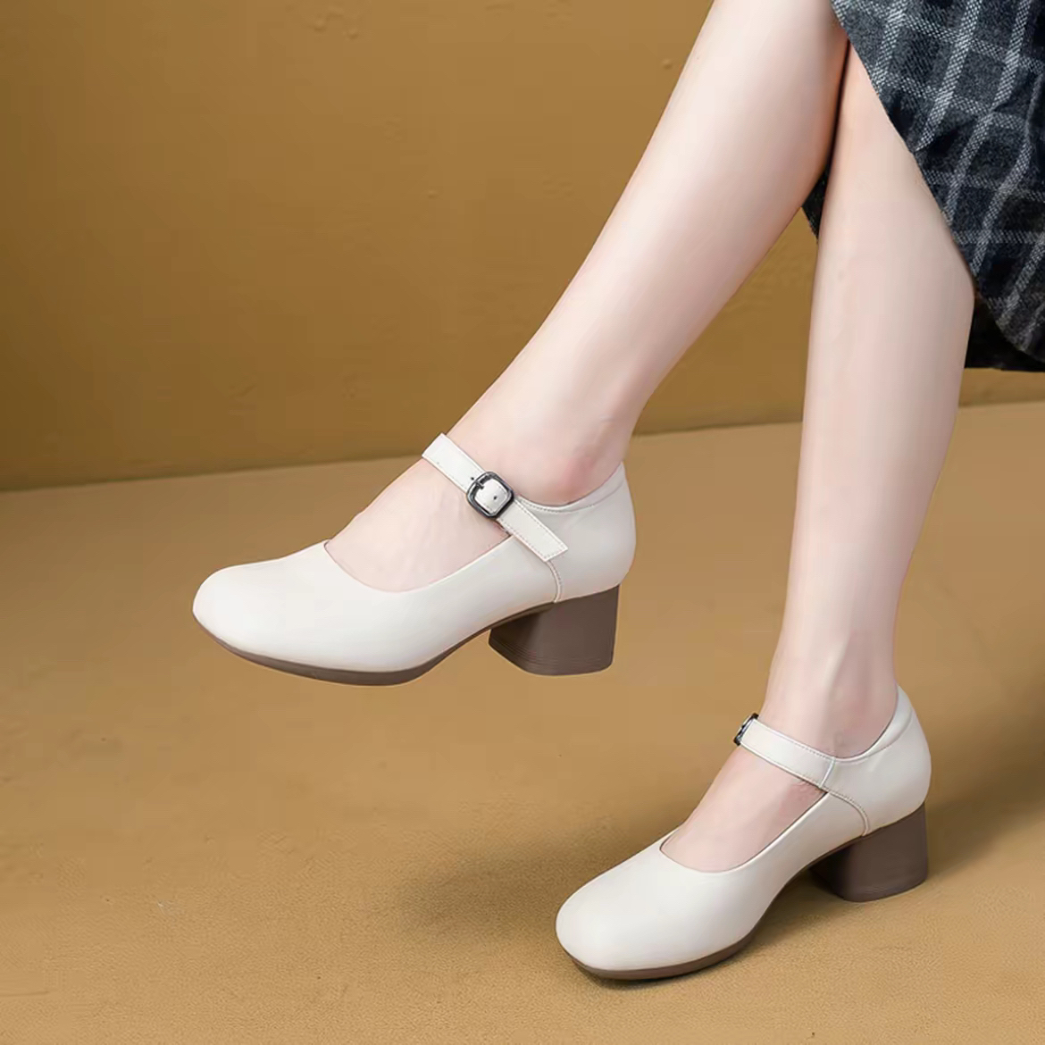 （运费补贴）中跟粗跟极简风魔术贴单鞋跟鞋皮鞋百搭软底妈妈鞋浅口