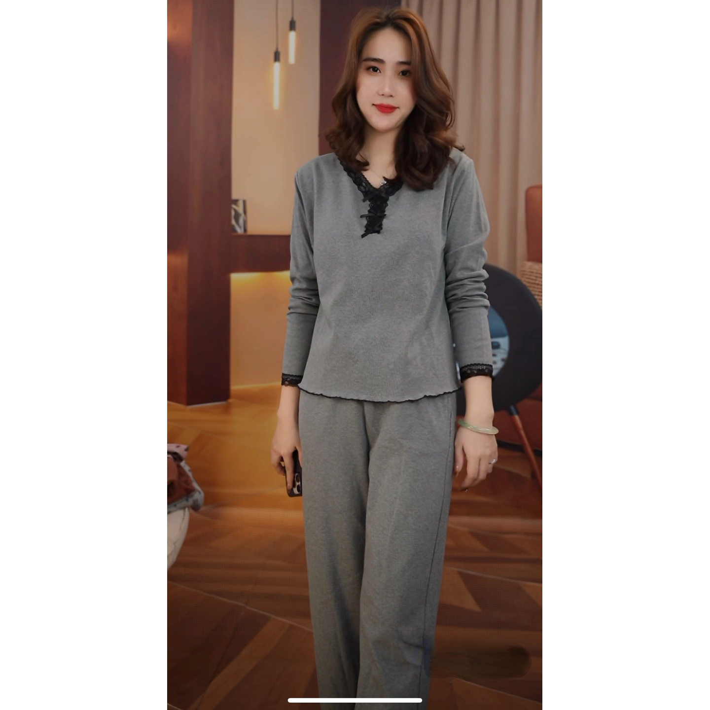 胸垫版睡衣女冬季新款爆款纯棉长袖长裤可外穿家居服（拼接蕾丝边）