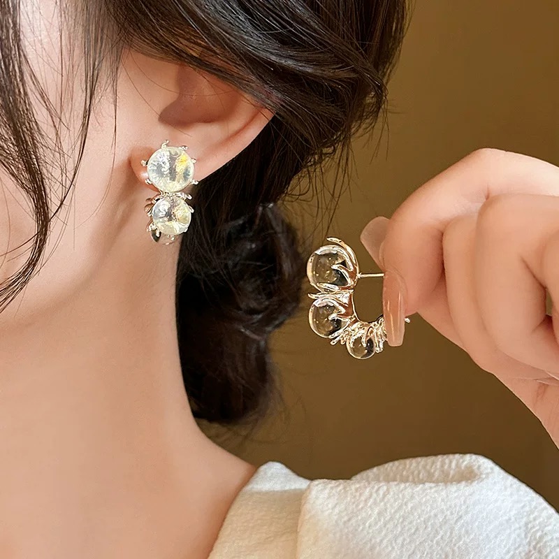 铜合金耳饰 专属透圆球耳环透明珠子耳环法式轻奢气质小众N2380