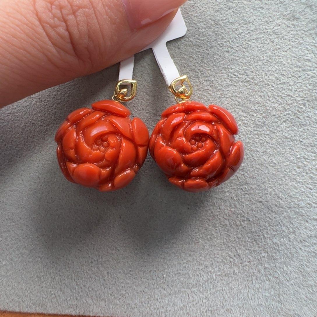 南红玛瑙18K金镶嵌（牡丹花吊坠19+、多样性发一）